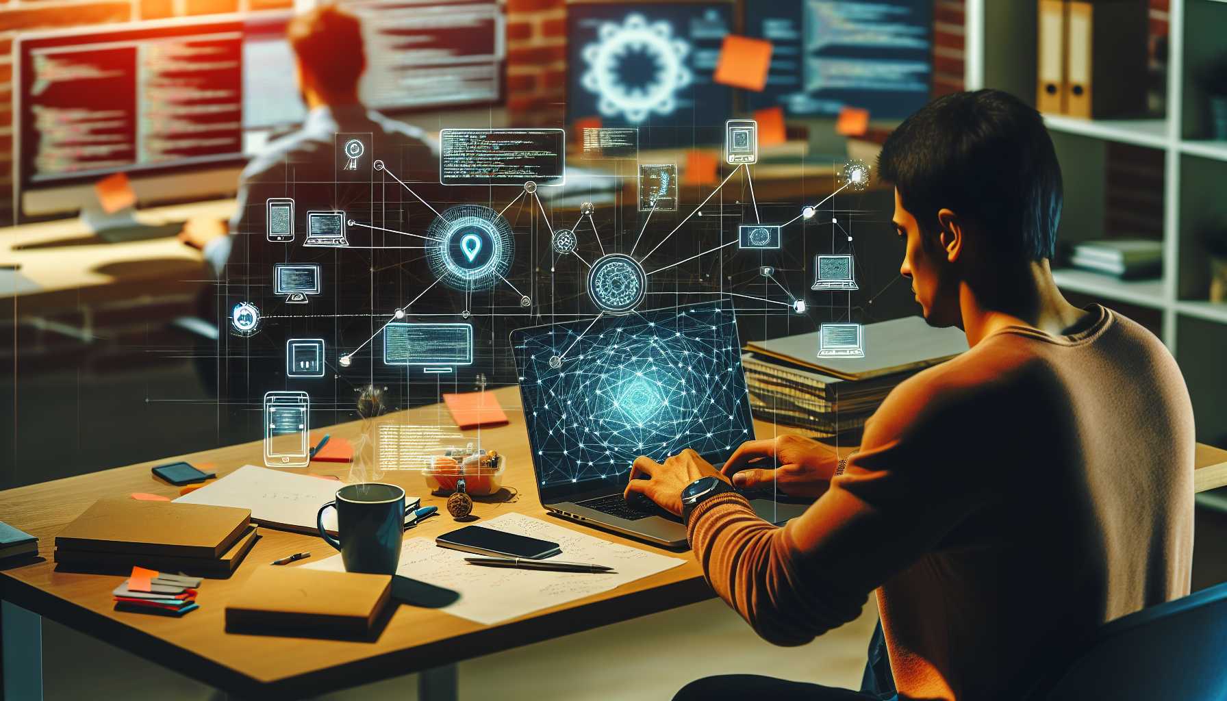 A developer writing code on a laptop with a diagram of an IoT system on the screen