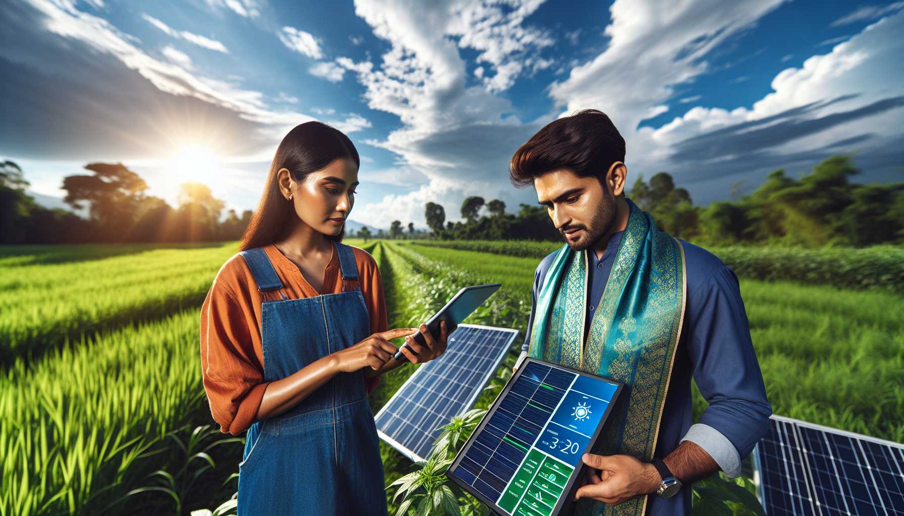 Farmers using a solar-powered monitoring device in the fields