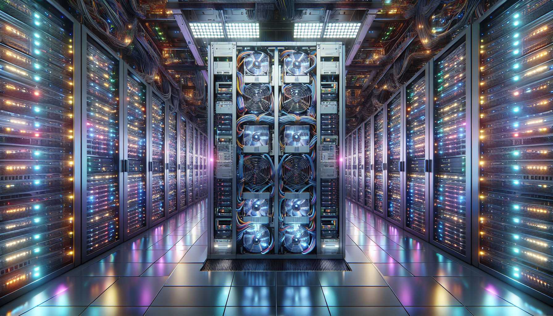 a massive supercomputer with numerous cooling units in a modern data center