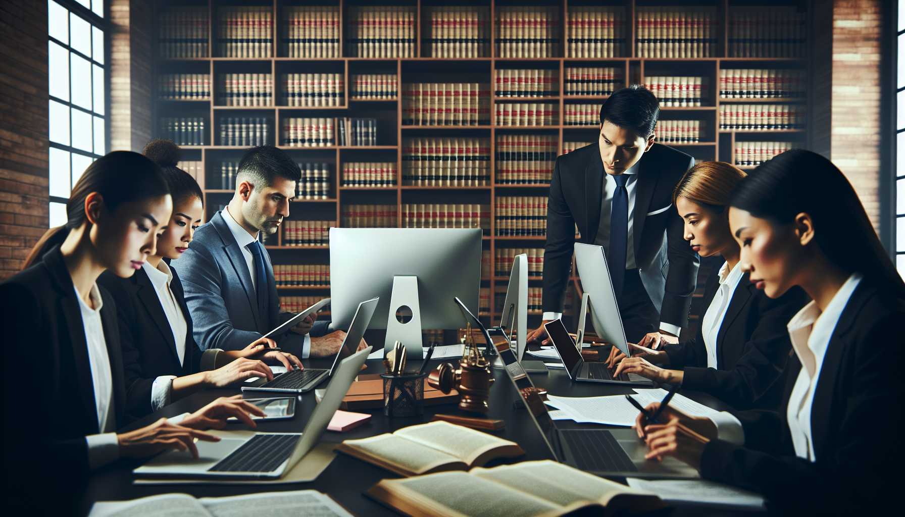 a team of legal professionals collaborating with high-tech software tools in an office