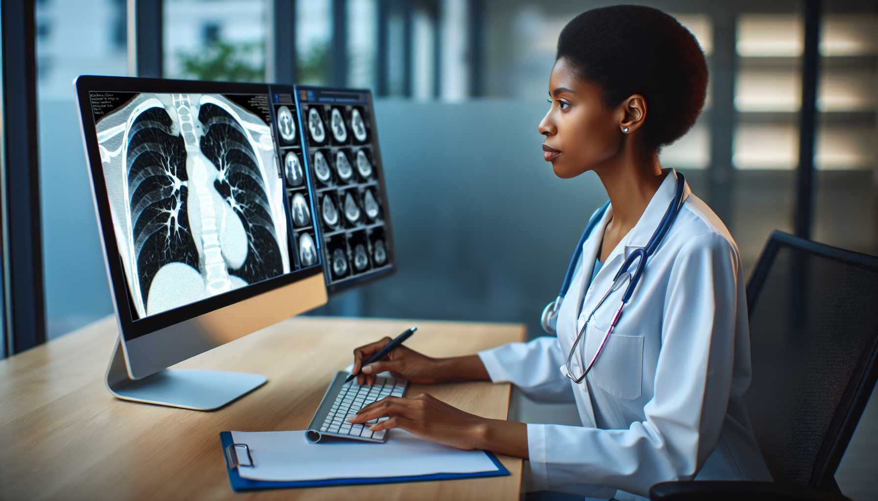 a doctor analyzing a lung CT scan with AI assistance on a computer screen