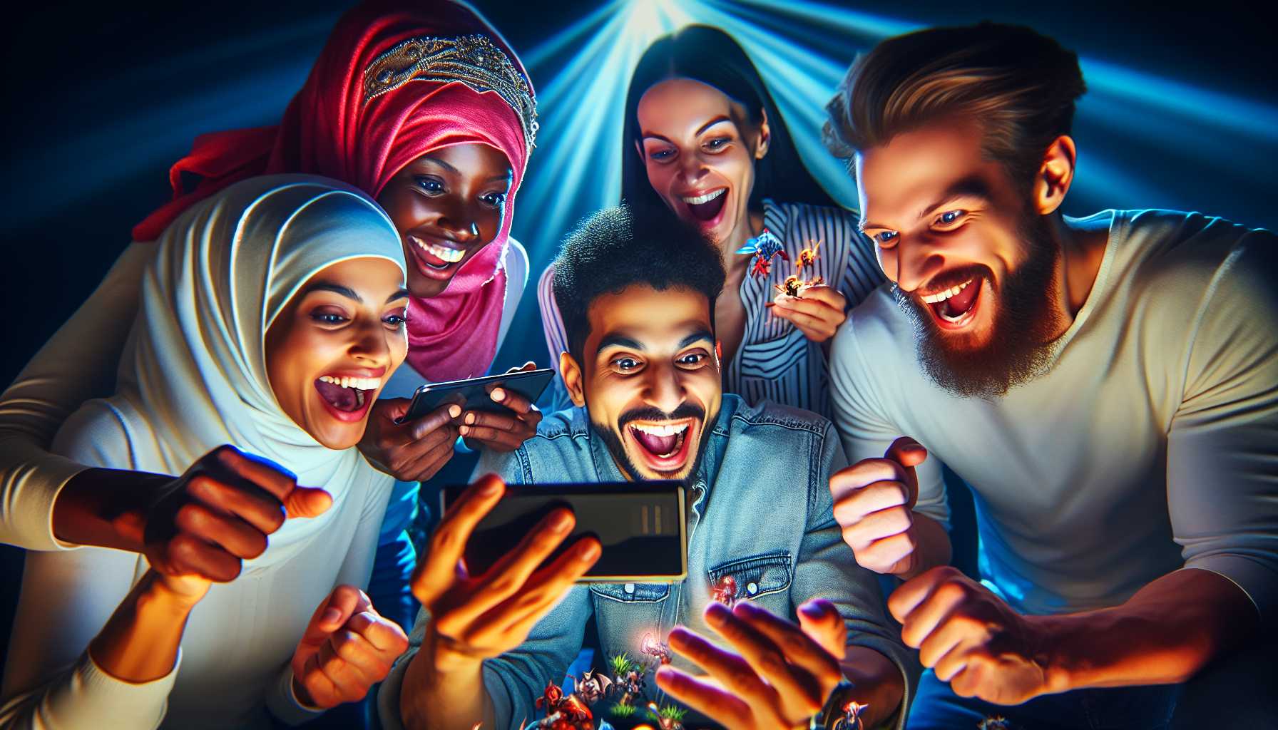 A group of people playing a mobile RPG game with excited expressions on their faces.