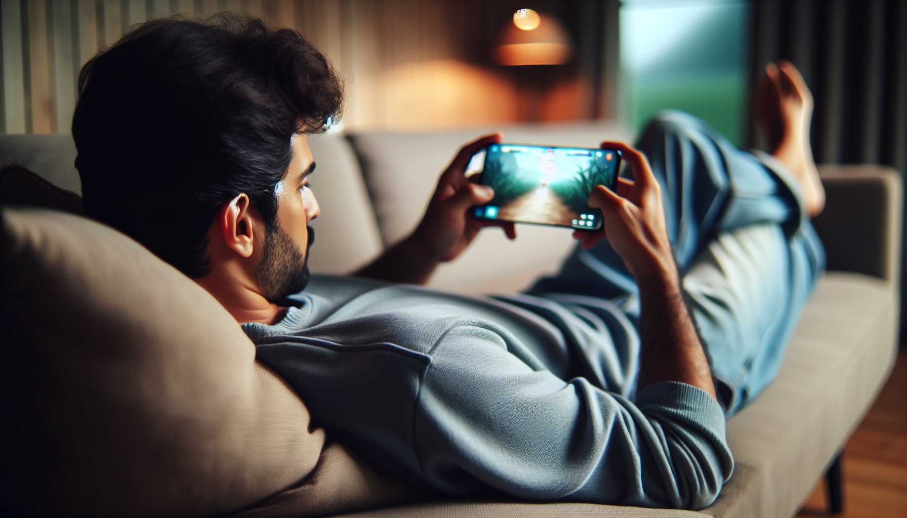 A person playing a casual mobile game on their phone while relaxing on a couch.