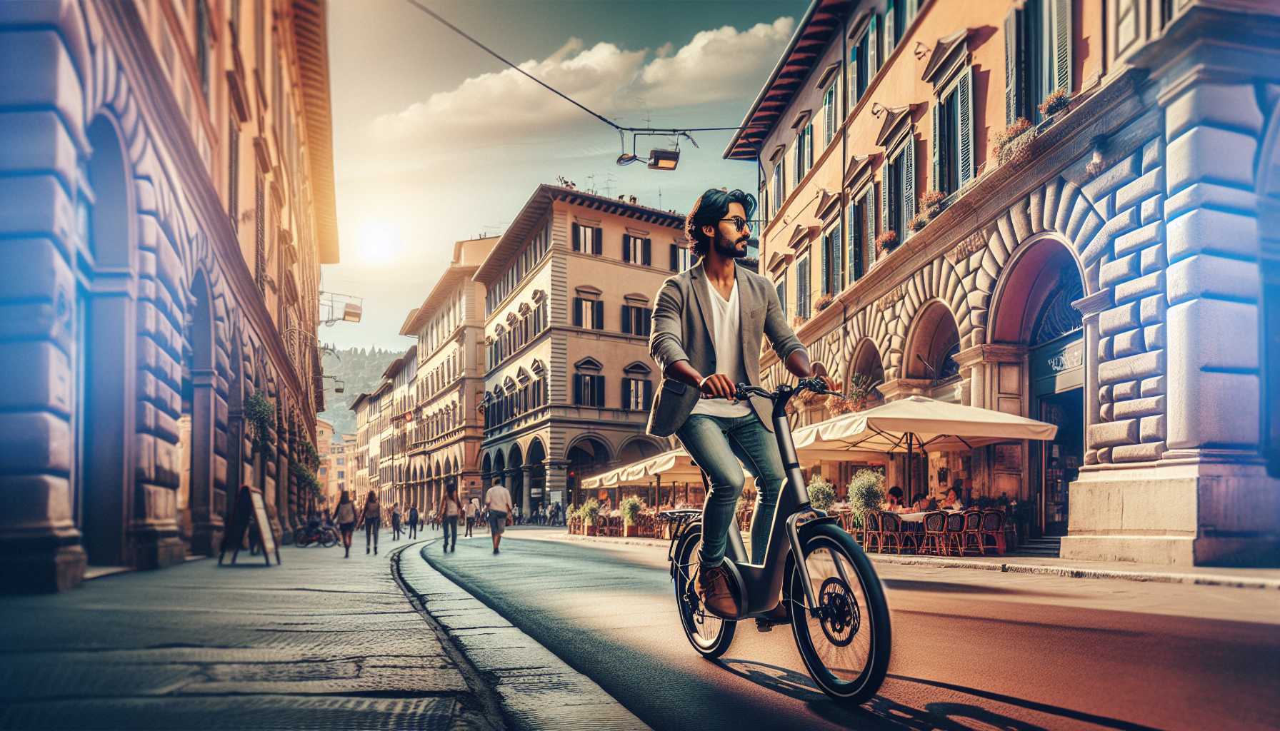 A person riding an e-bike through a busy city street in Italy