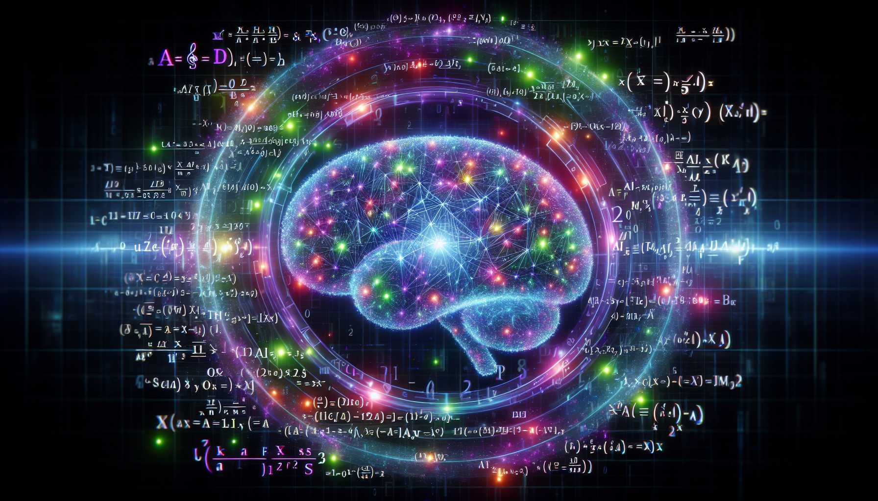 An AI algorithm visualized as a digital brain solving complex mathematical equations