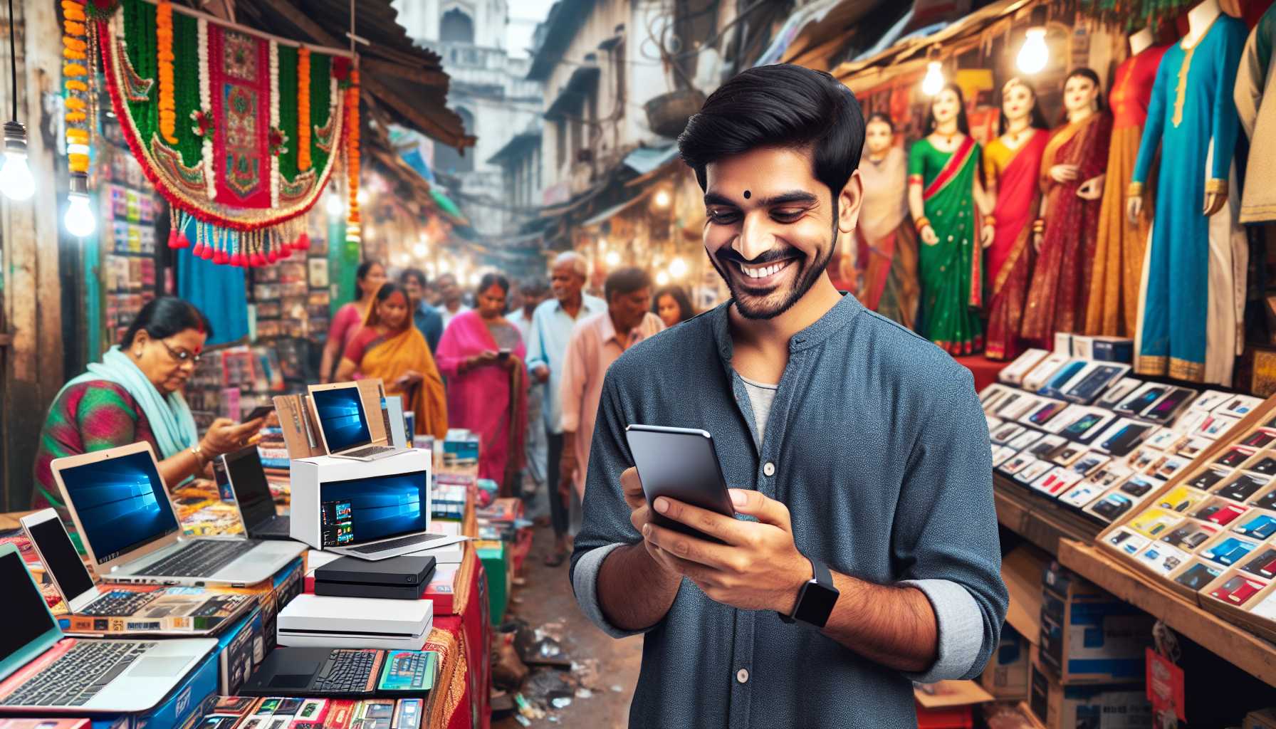 A person happily shopping for tech gadgets on their phone in India.