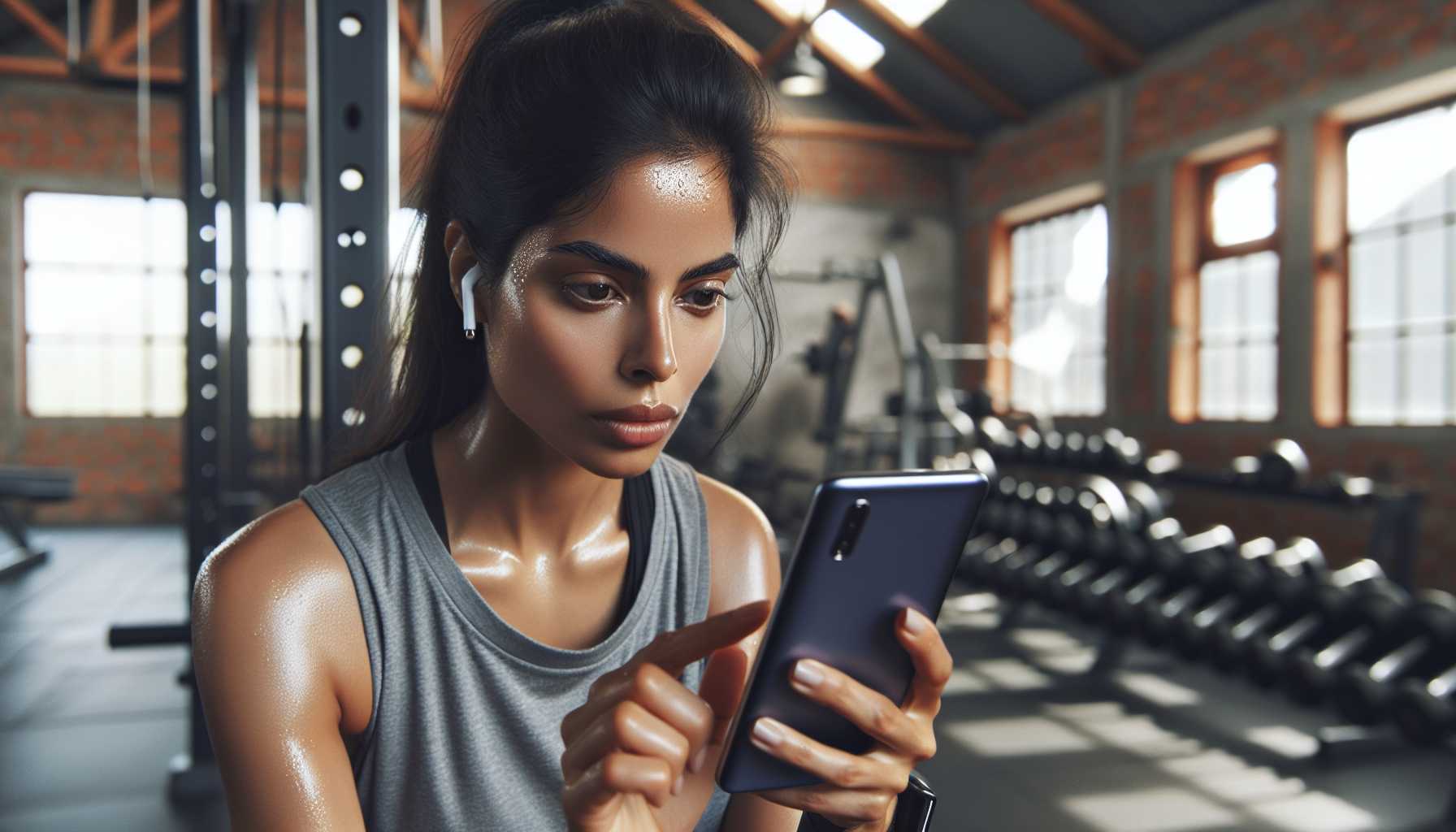 Person in Brazil using a fitness app on their phone while working out at the gym