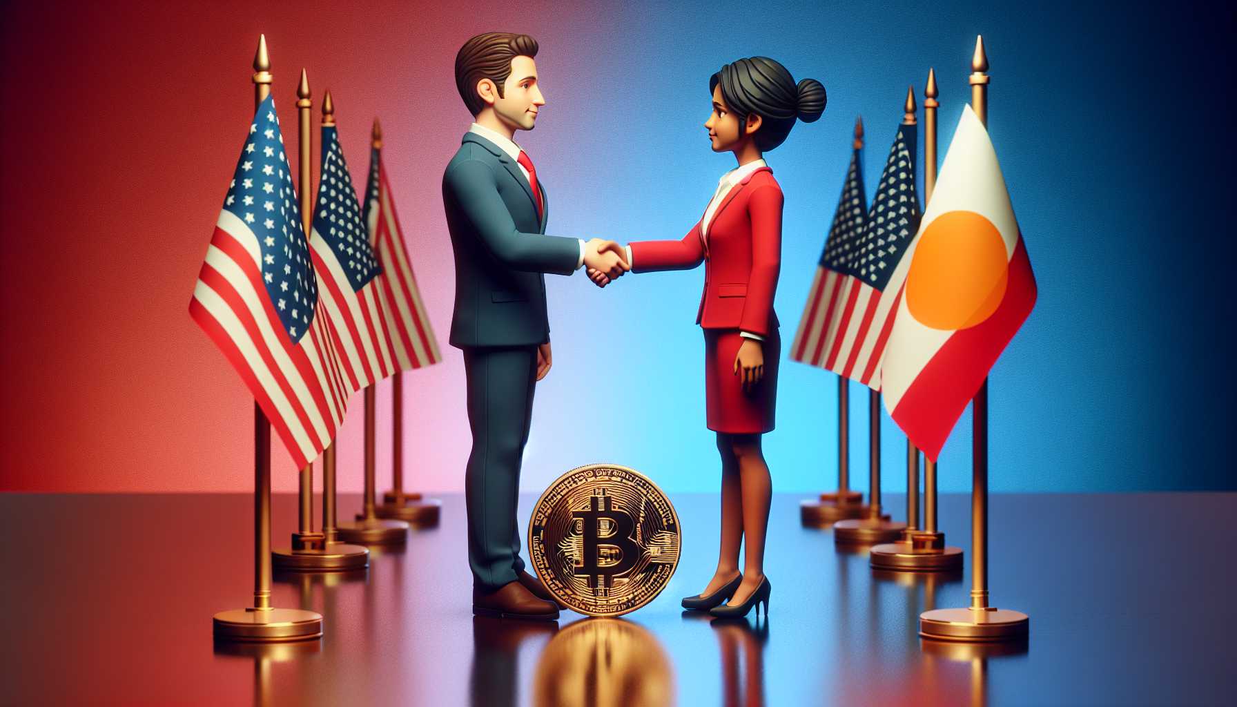 a depiction of Republicans and Democrats both shaking hands over a Bitcoin, symbolizing bipartisanship