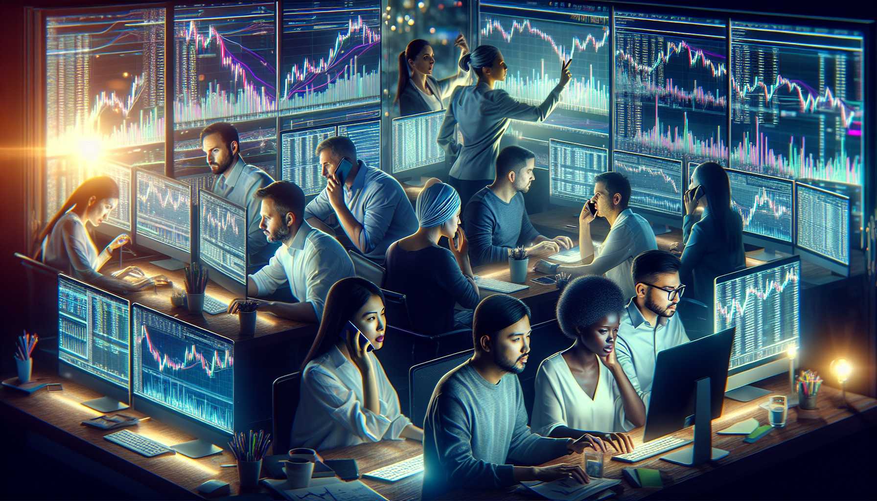 busy traders and investors working in a vibrant crypto exchange