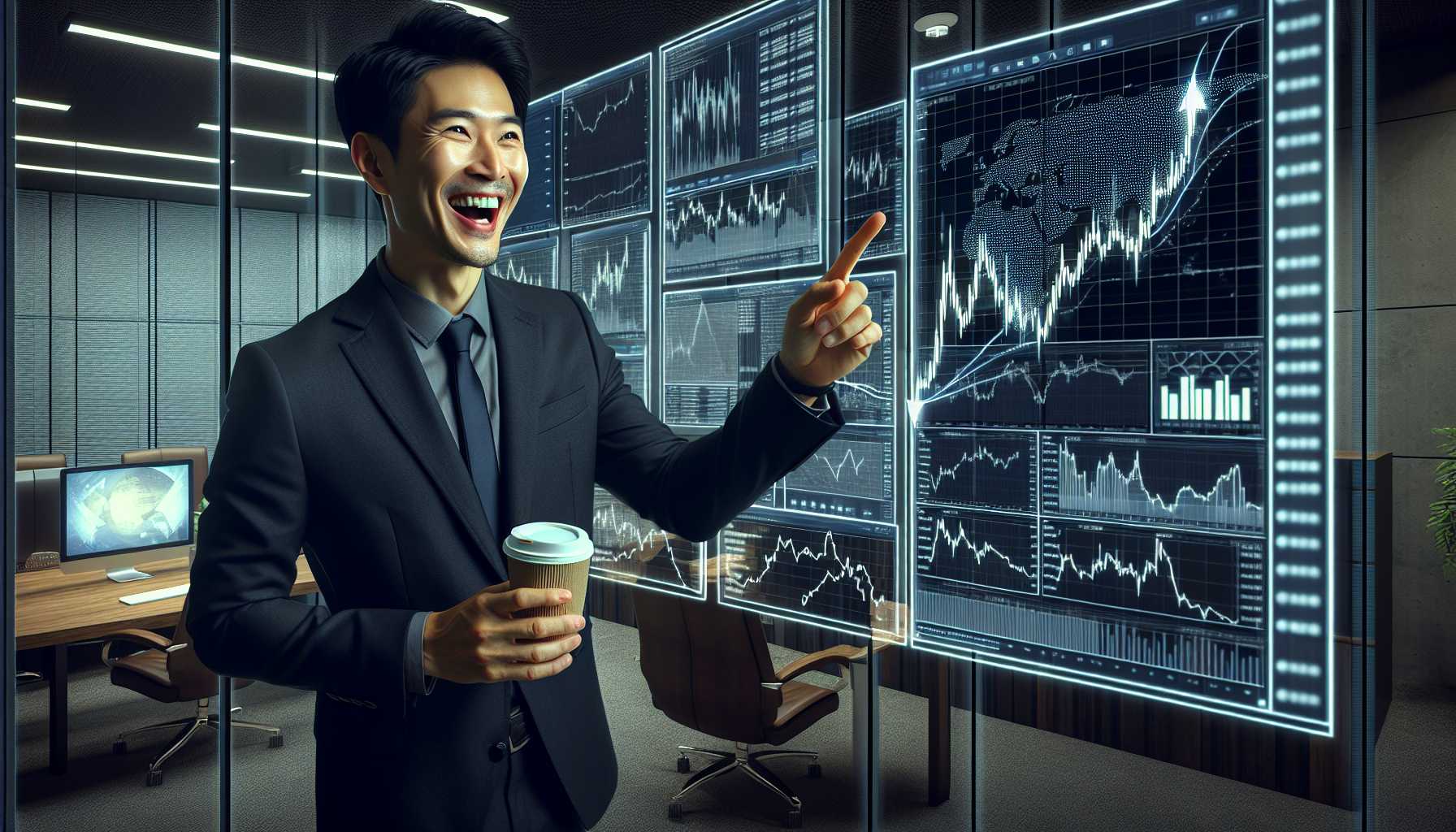 a tech investor analyzing the growth of cryptocurrencies with enthusiasm