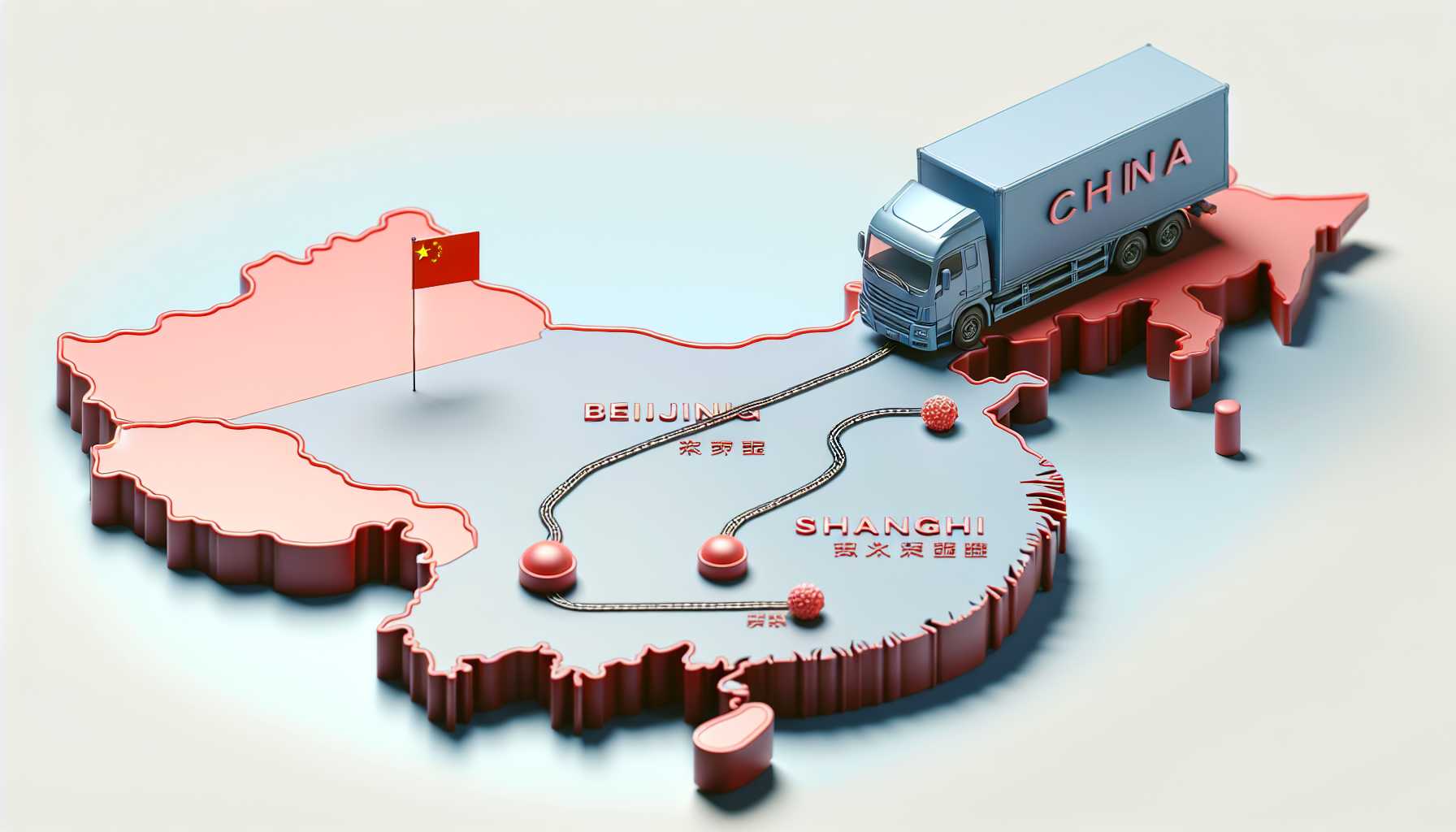 A map of China with a red circle around Beijing and a blue circle around Shanghai, with a delivery truck driving from Beijing to Shanghai.