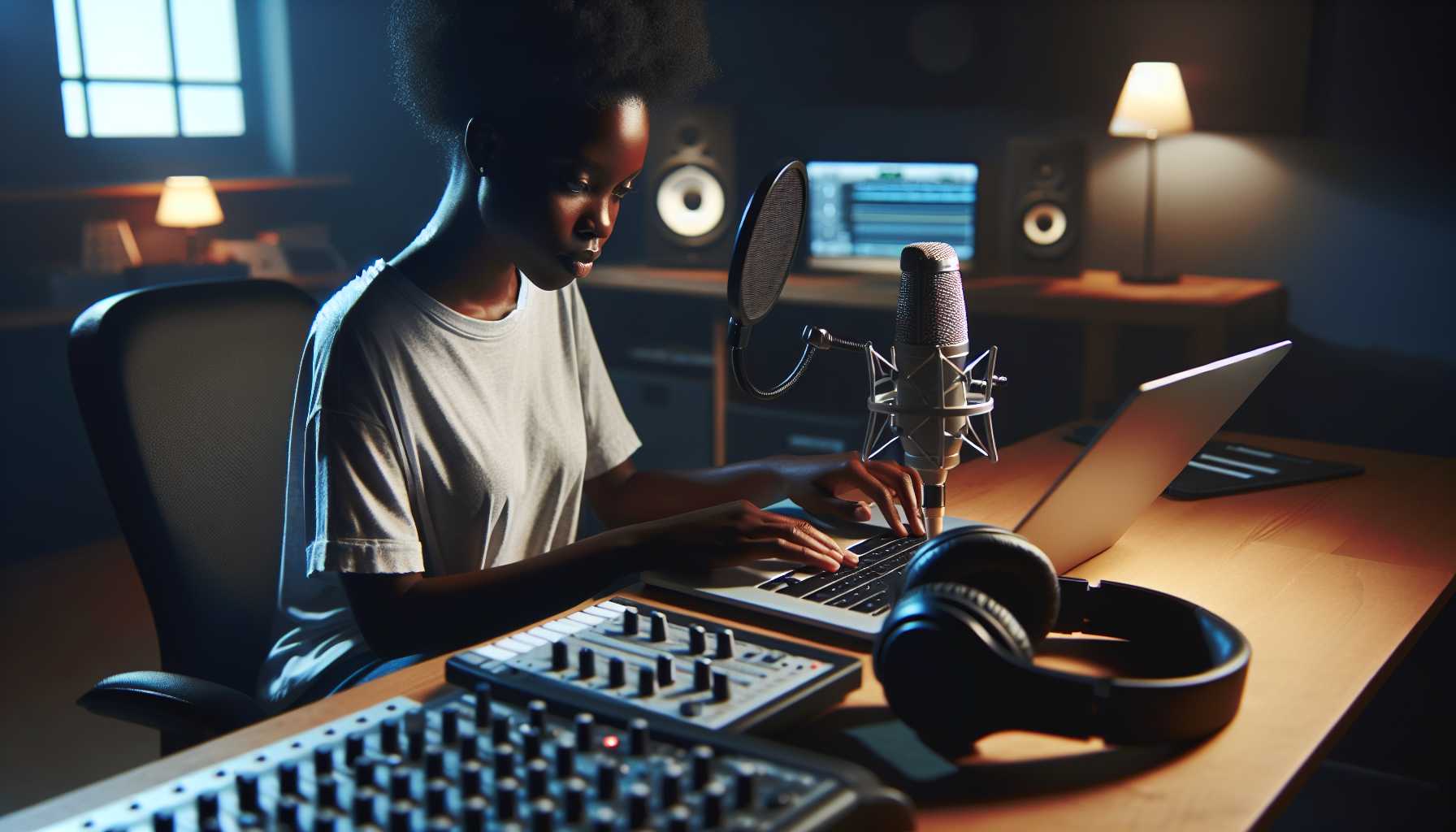 A music producer working on a laptop in a home studio with a microphone and headphones.