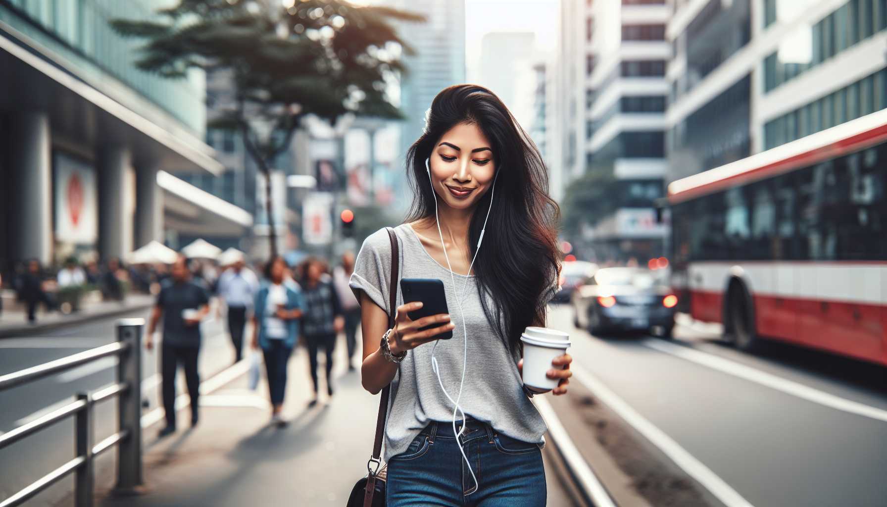 Person listening to a podcast on their phone while walking down the street