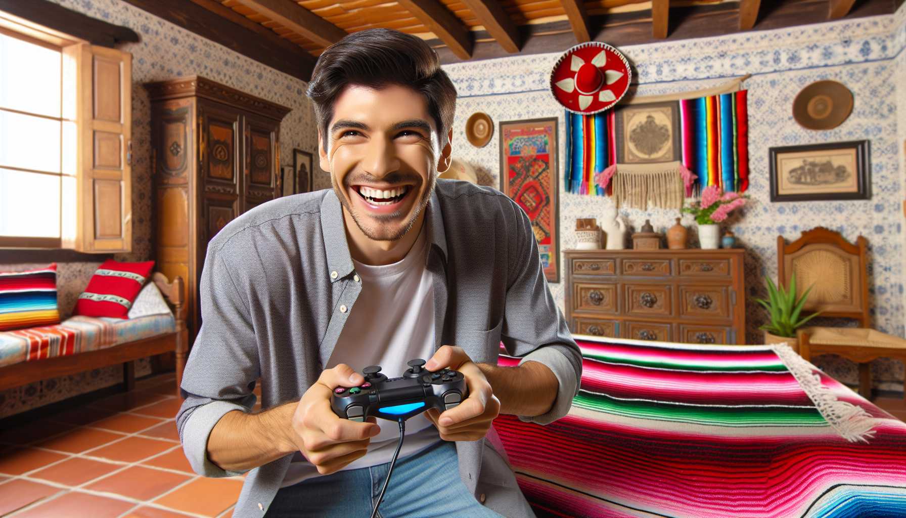 A happy person playing a PlayStation console in Mexico