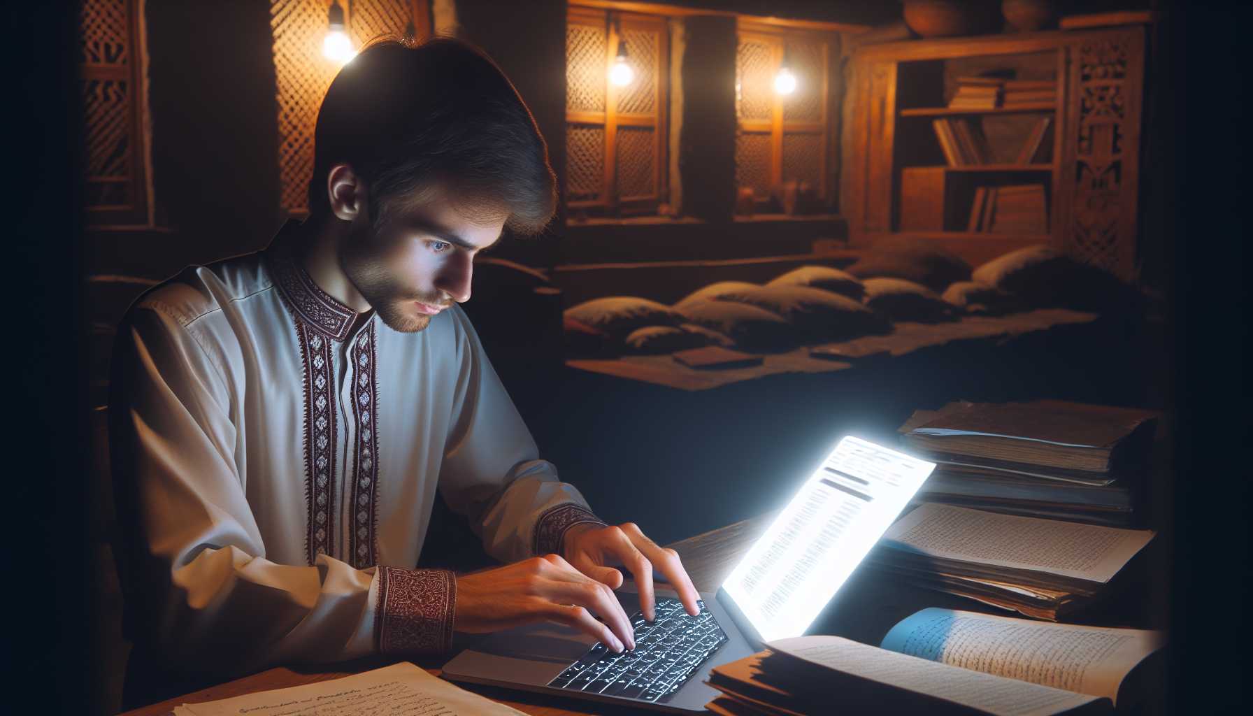 A student in Chechnya using a laptop to access online education