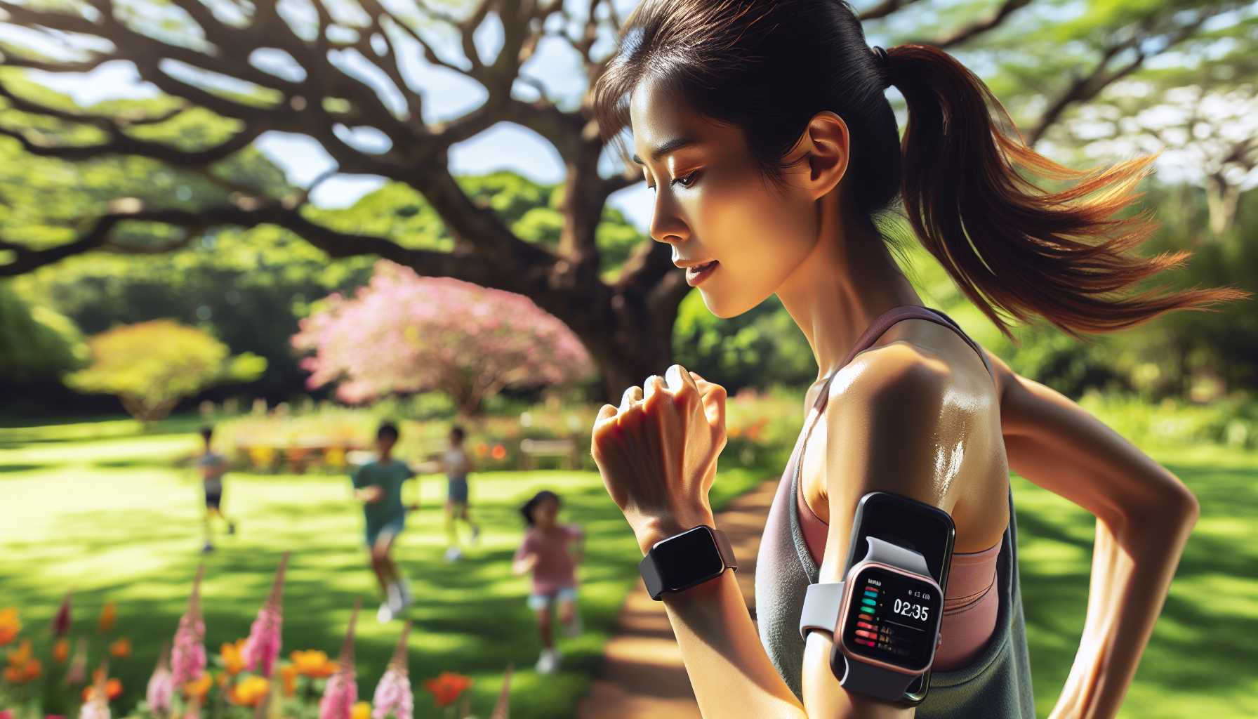 A person wearing a smartwatch while running in a park