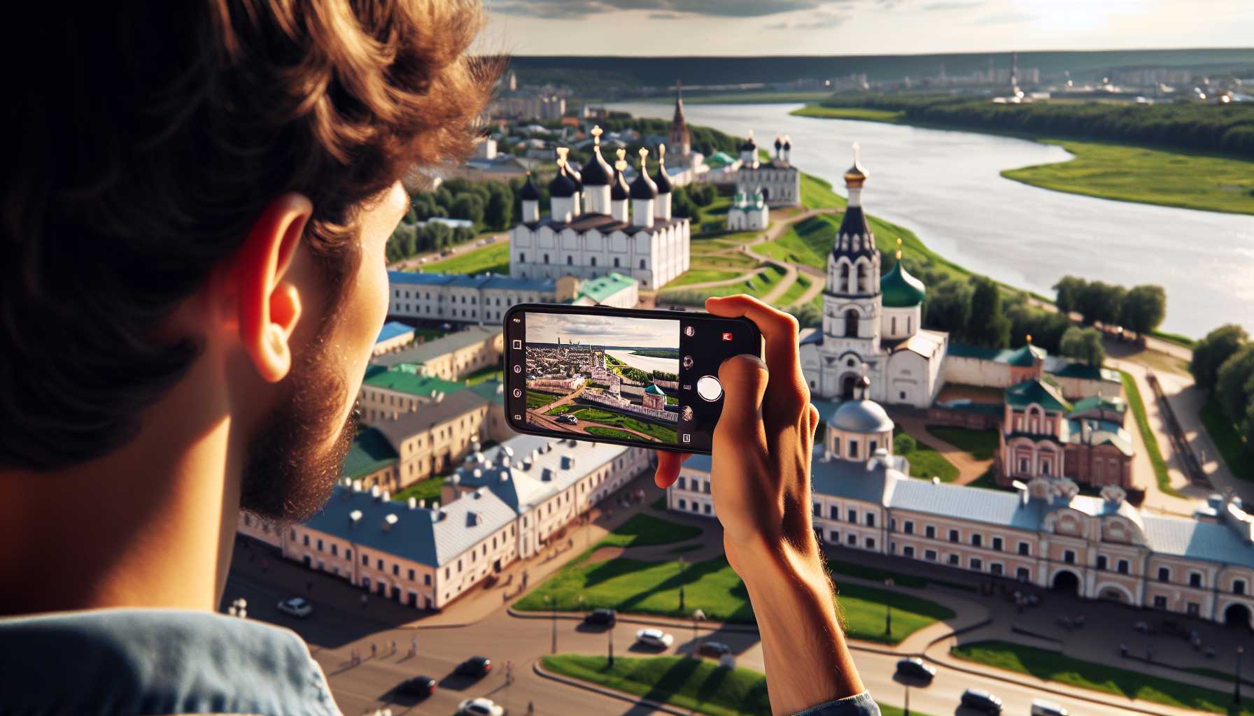 A person in Yaroslavl filming a video on their smartphone with the cityscape in the background.