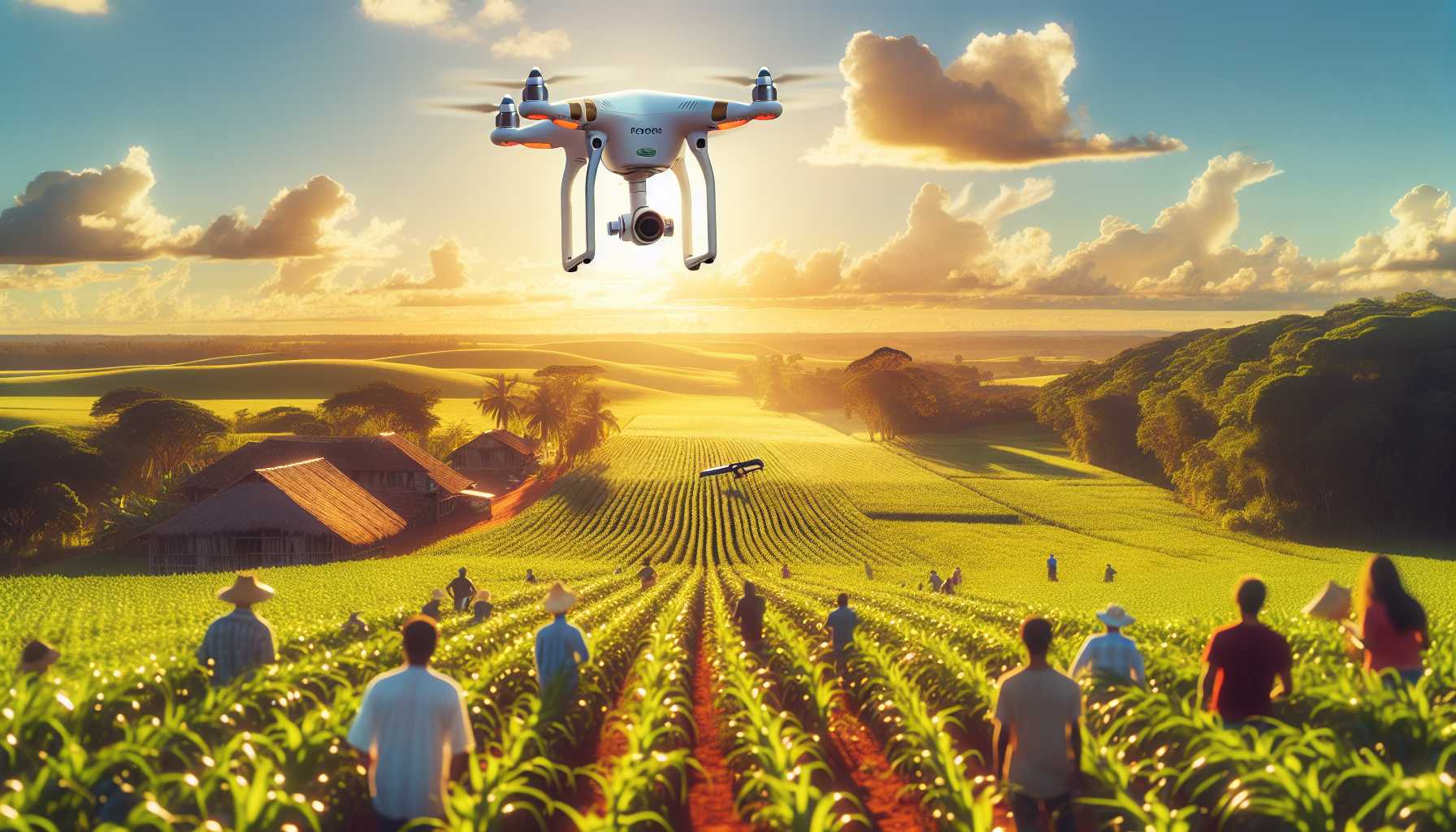 a drone flying over a field of crops in Brazil