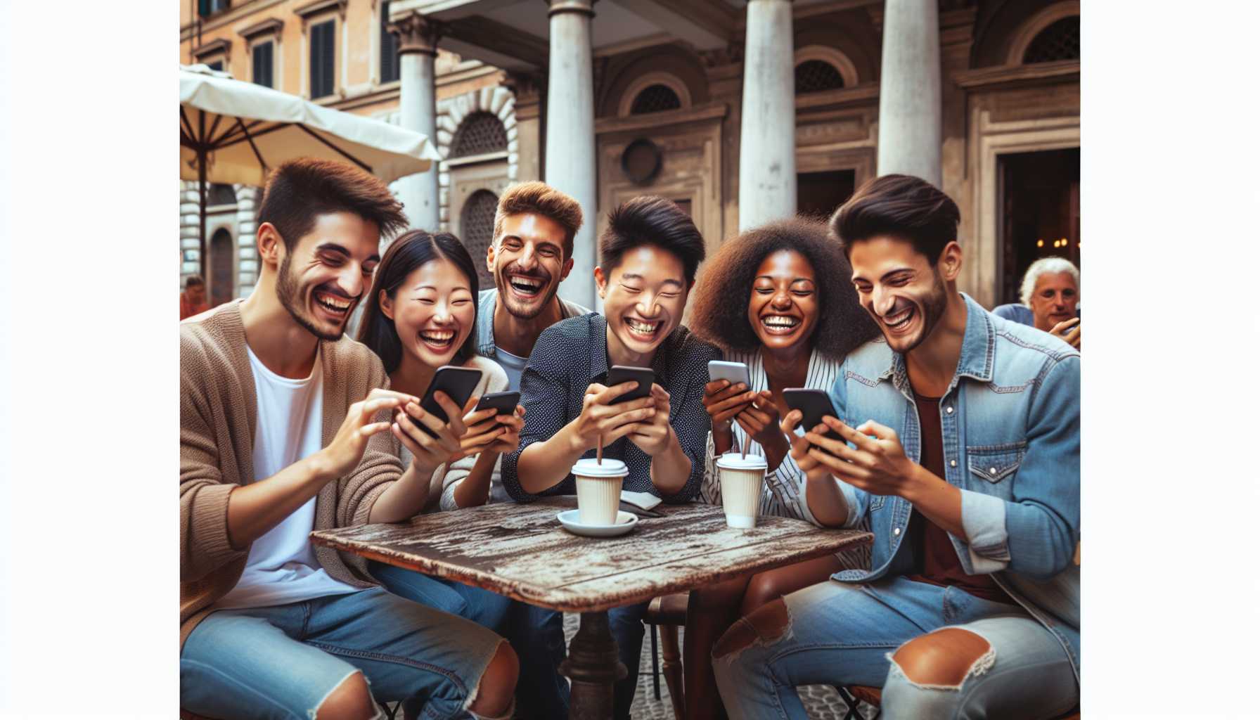 A group of young people laughing and having fun on their phones in Italy