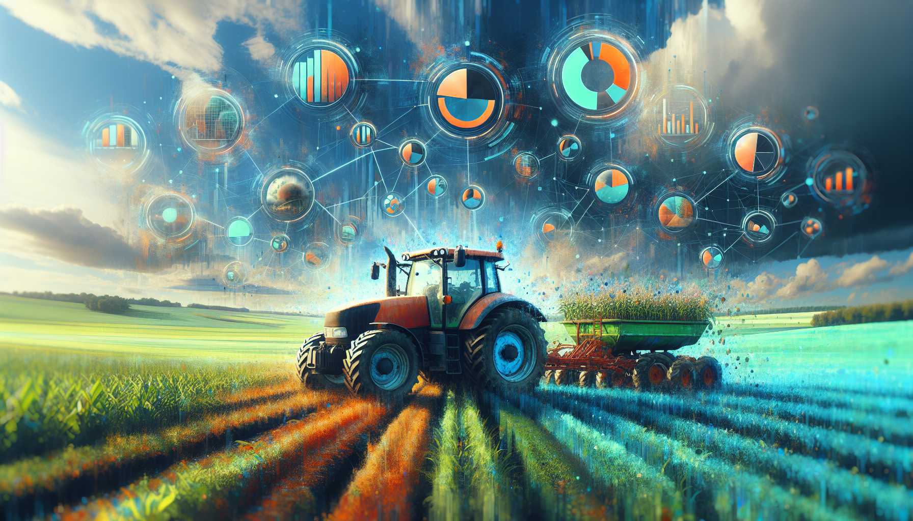 A modern tractor in a farm field with hovering data analytics icons