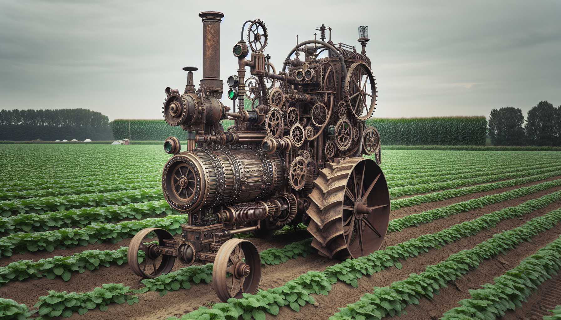 A steampunk-inspired carbon capture machine attached to a tractor in a farm setting