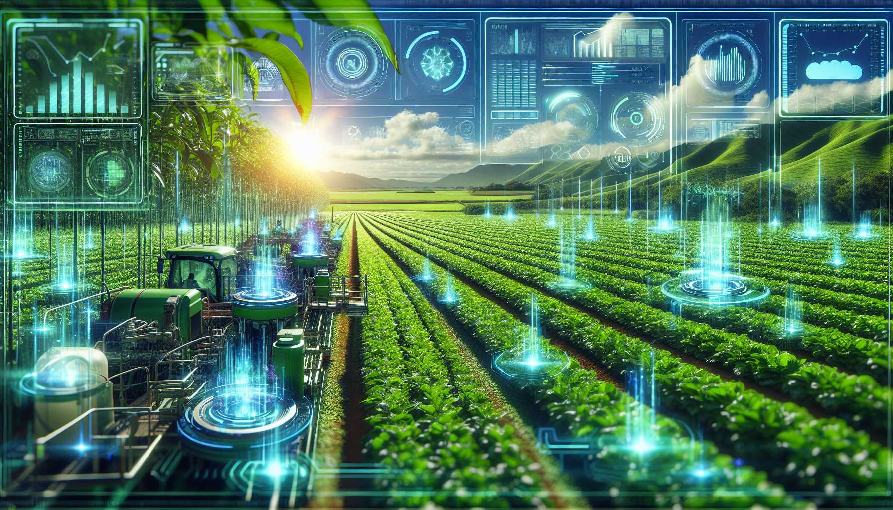 A verdant farm incorporating advanced technology with holographic data displays