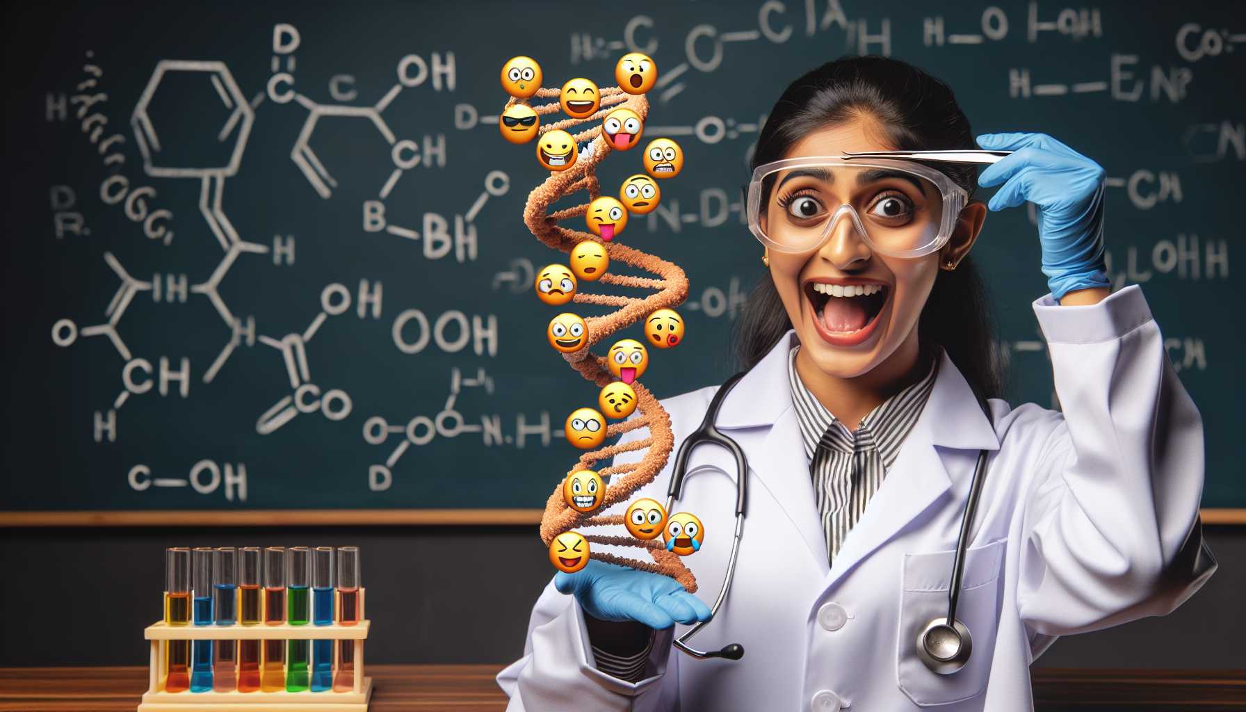 A quirky visual of a scientist showcasing a DNA strand with comical emoji expressions