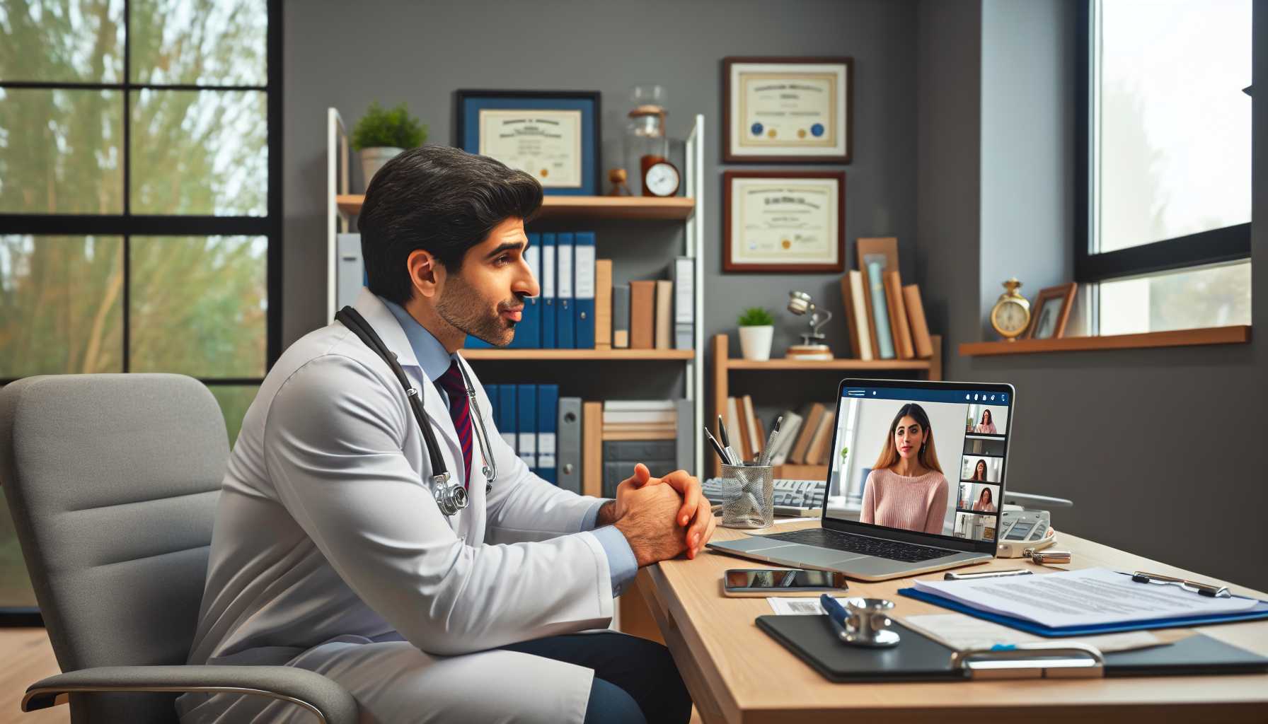 A doctor consulting a patient online using a laptop