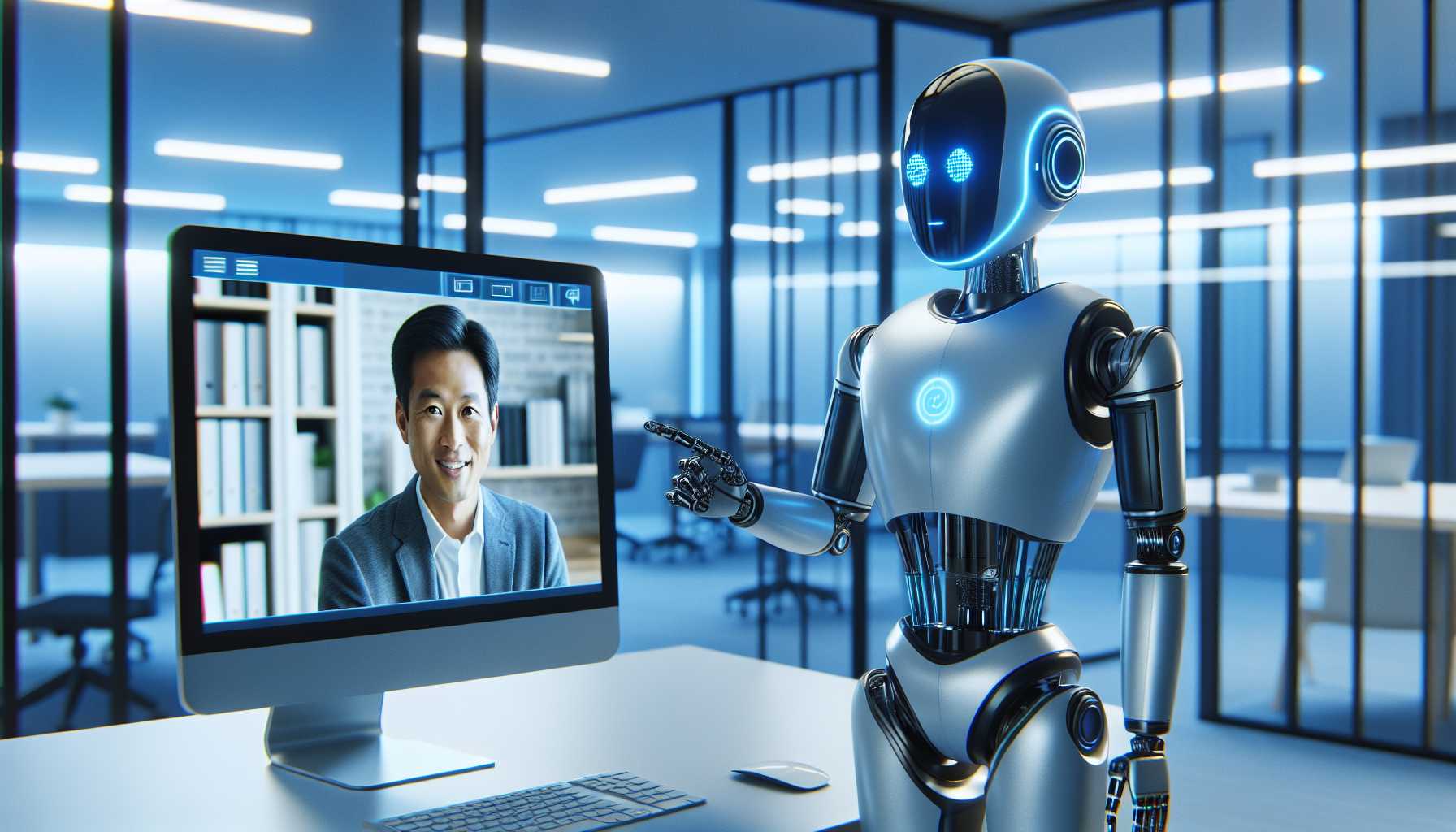 A robot talking to a customer on a computer screen