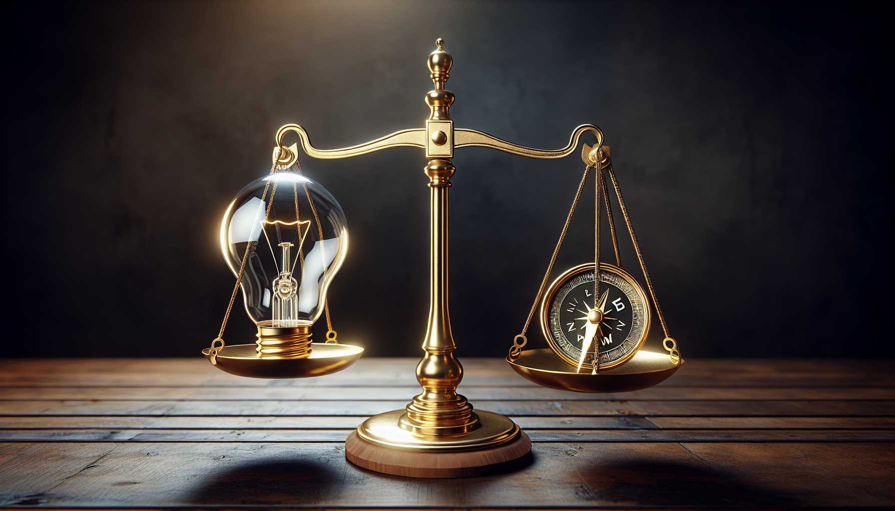 A balanced scale with innovation and ethics icons