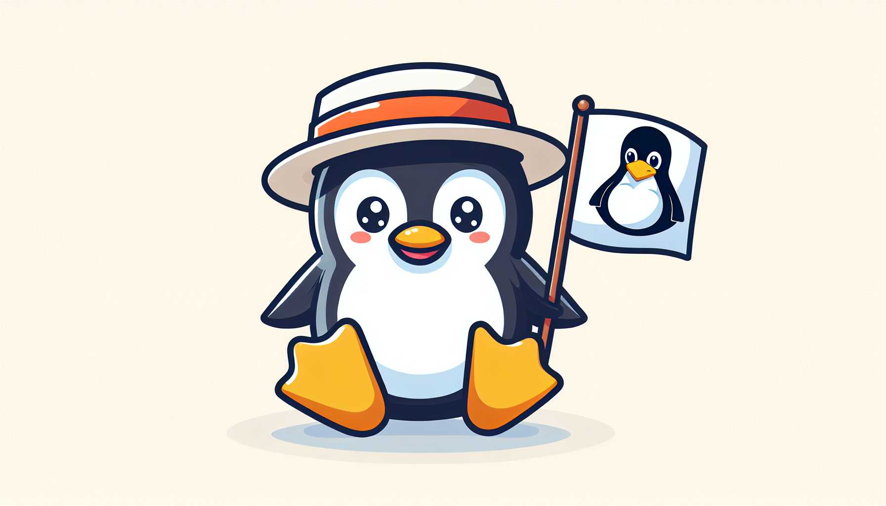 A penguin wearing a server hat and holding a Linux penguin flag