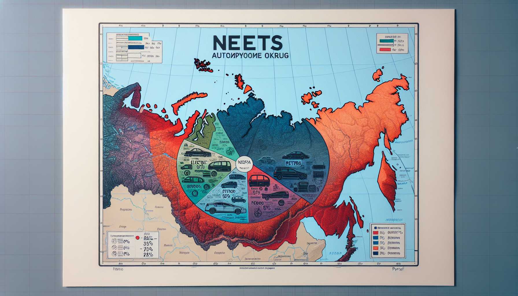 a map of the Nenets Autonomous Okrug with a pie chart showing the market share of electric and petrol cars