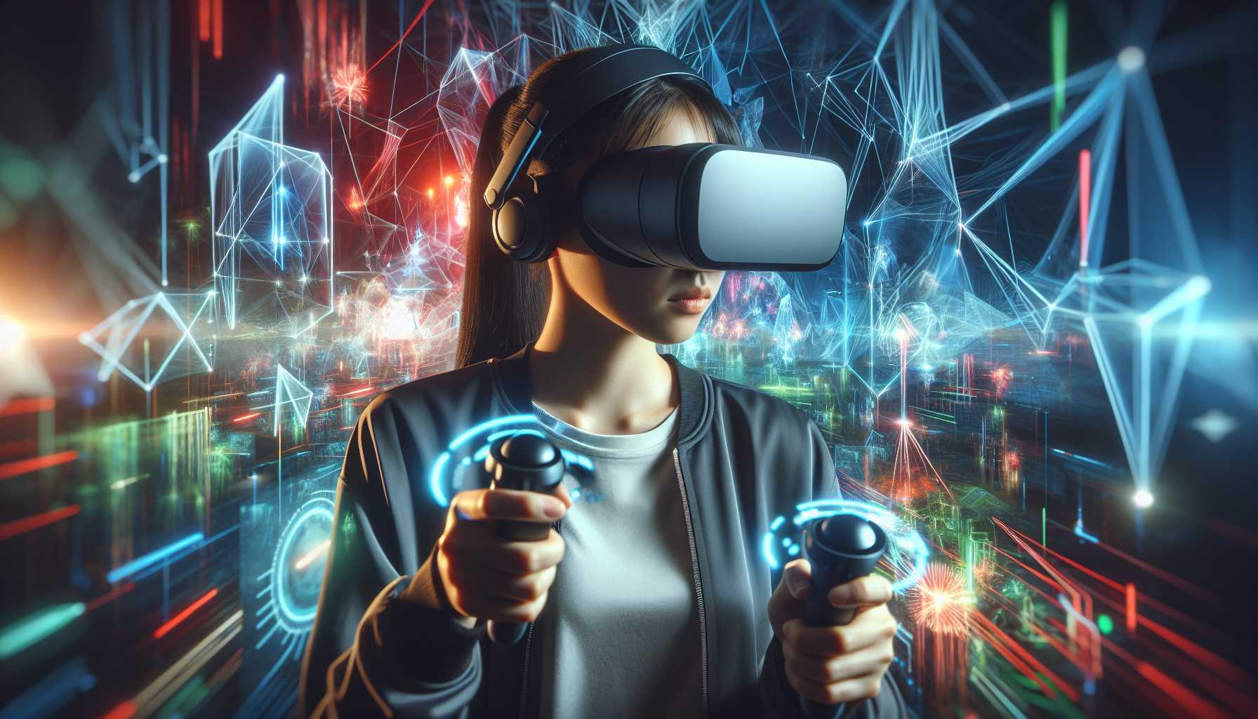 A person wearing a VR headset playing a game in a virtual world