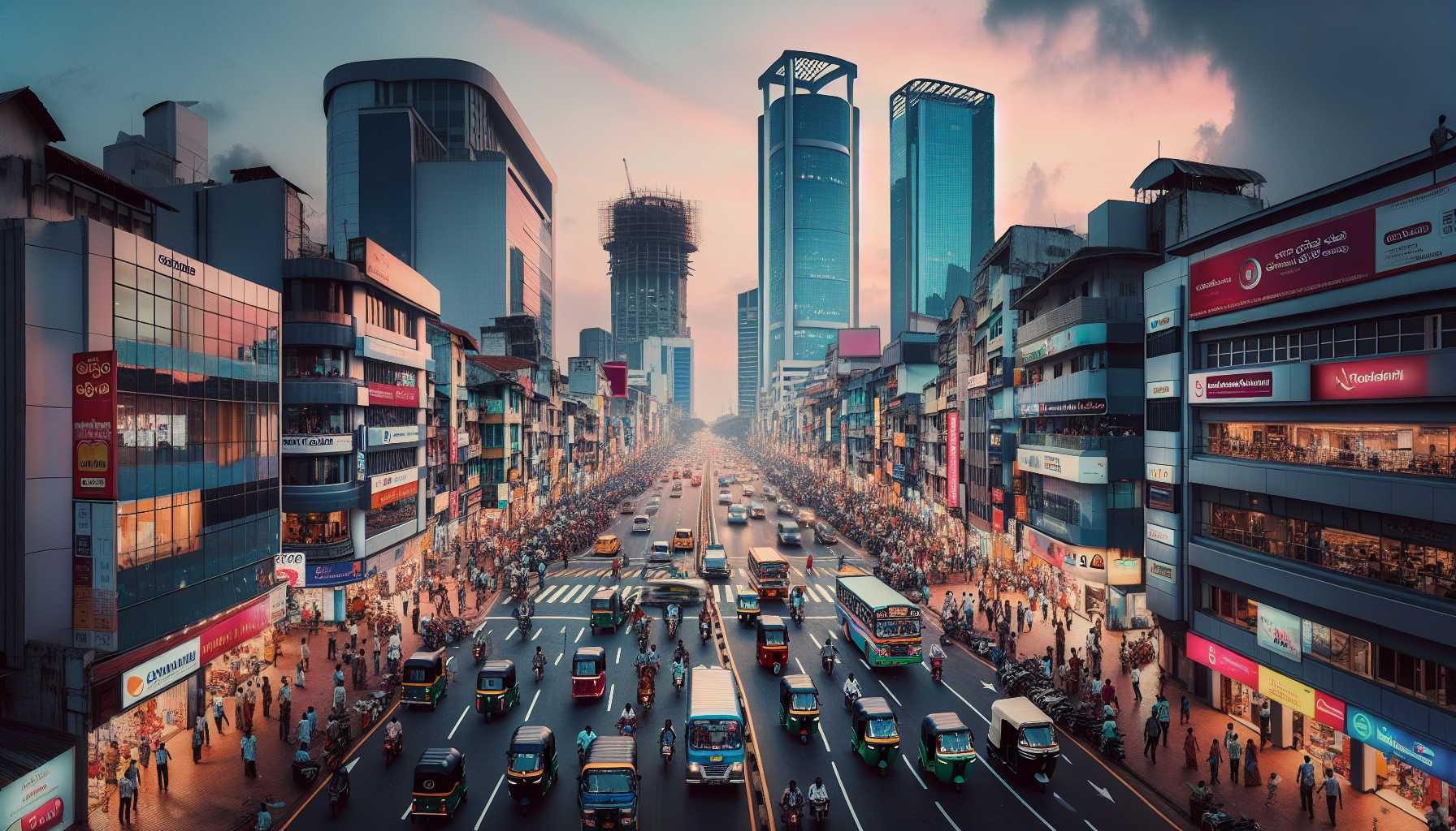 A busy street in Colombo with modern tech offices