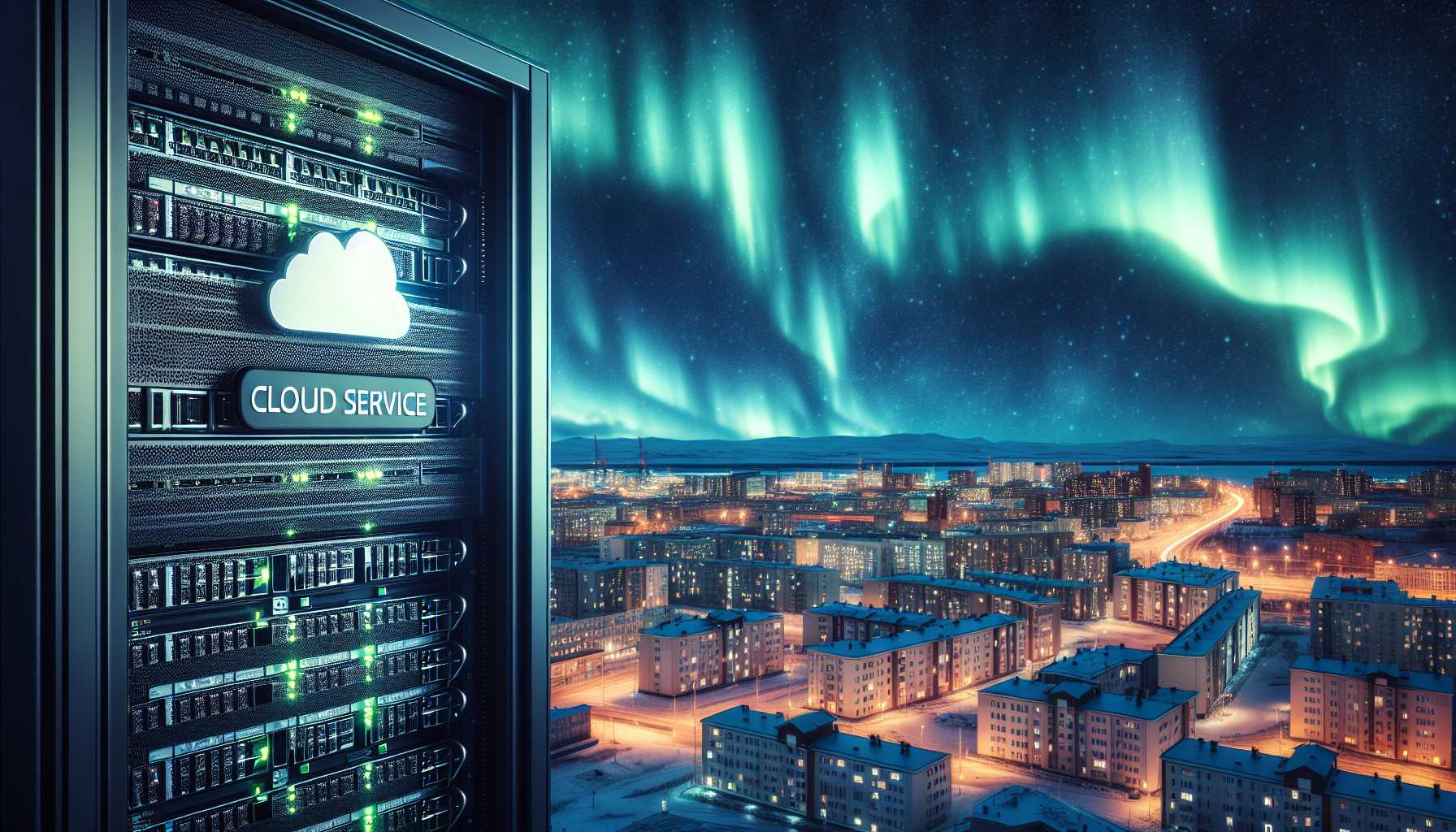 A server rack with the logo of [Cloud Service Name] displayed prominently, located in a data center with a backdrop of the Murmansk cityscape.