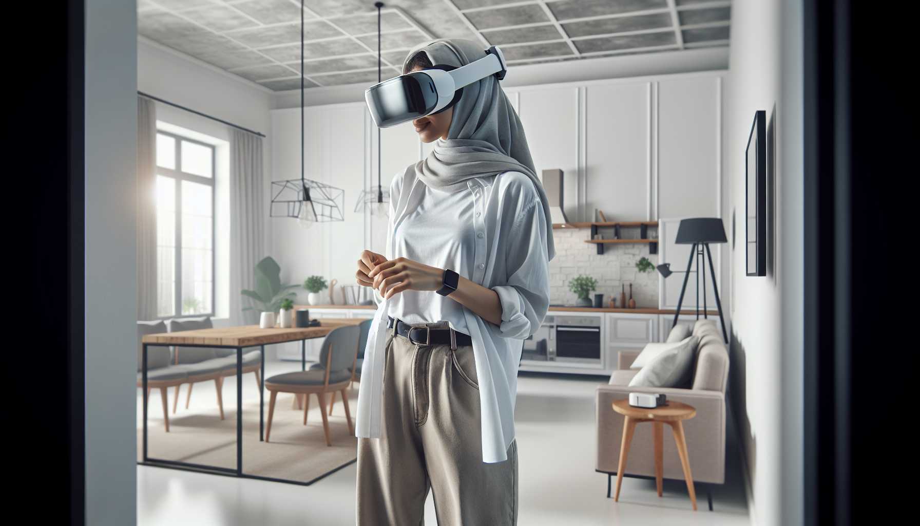 a person wearing a virtual reality headset in a modern apartment