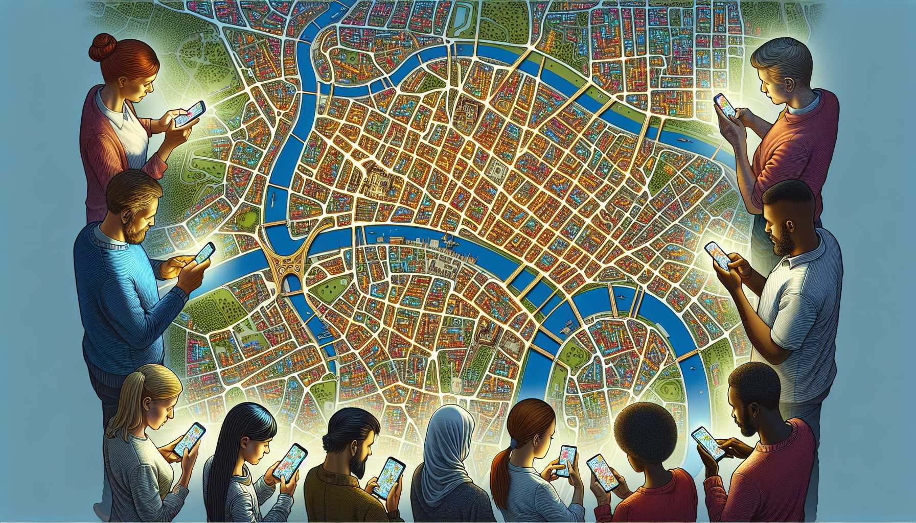 Novgorod residents using navigation apps on their smartphones