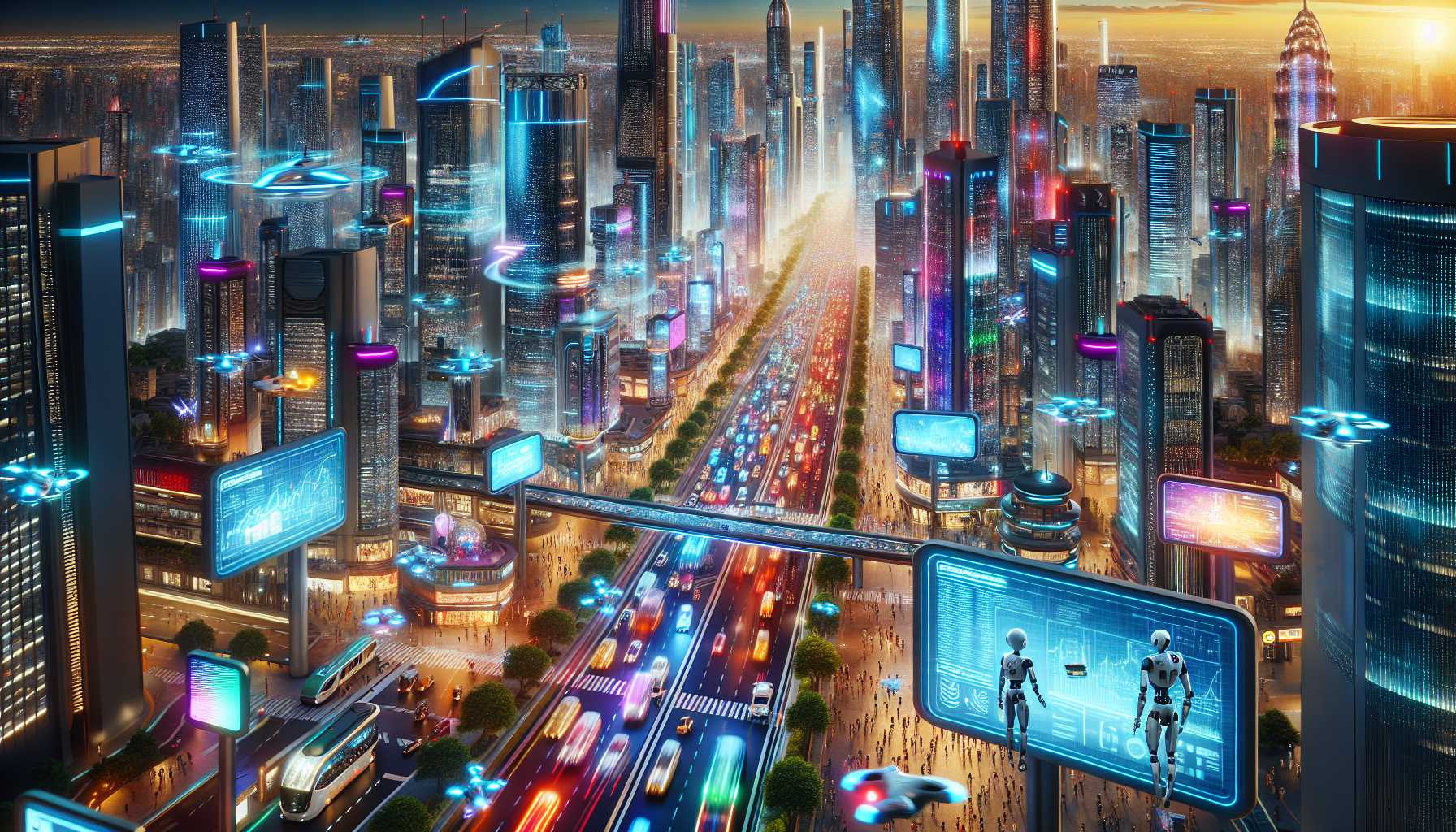 A futuristic cityscape showcasing AI integration