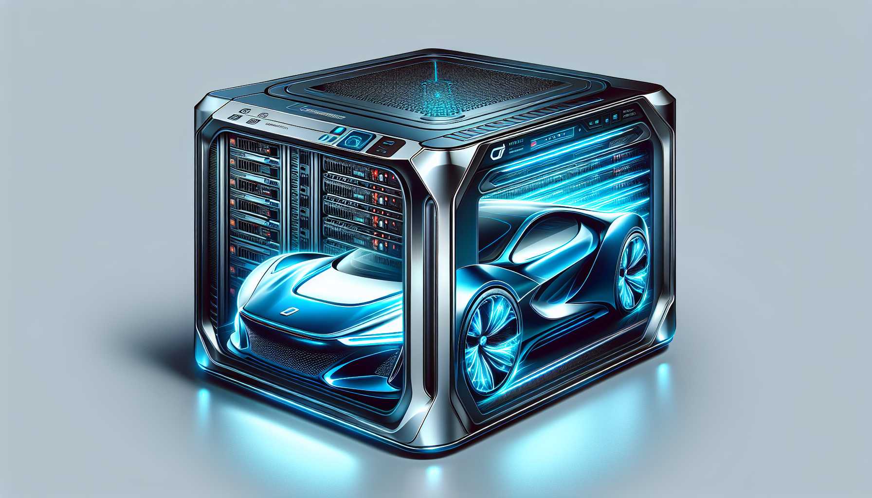 Illustration of a high-tech supercomputer with Tesla branding