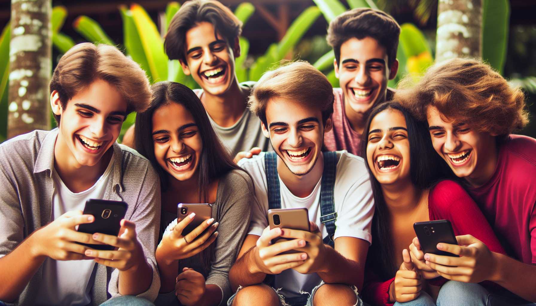 A group of teenagers in Brazil using Orkut on their phones, laughing and having fun.