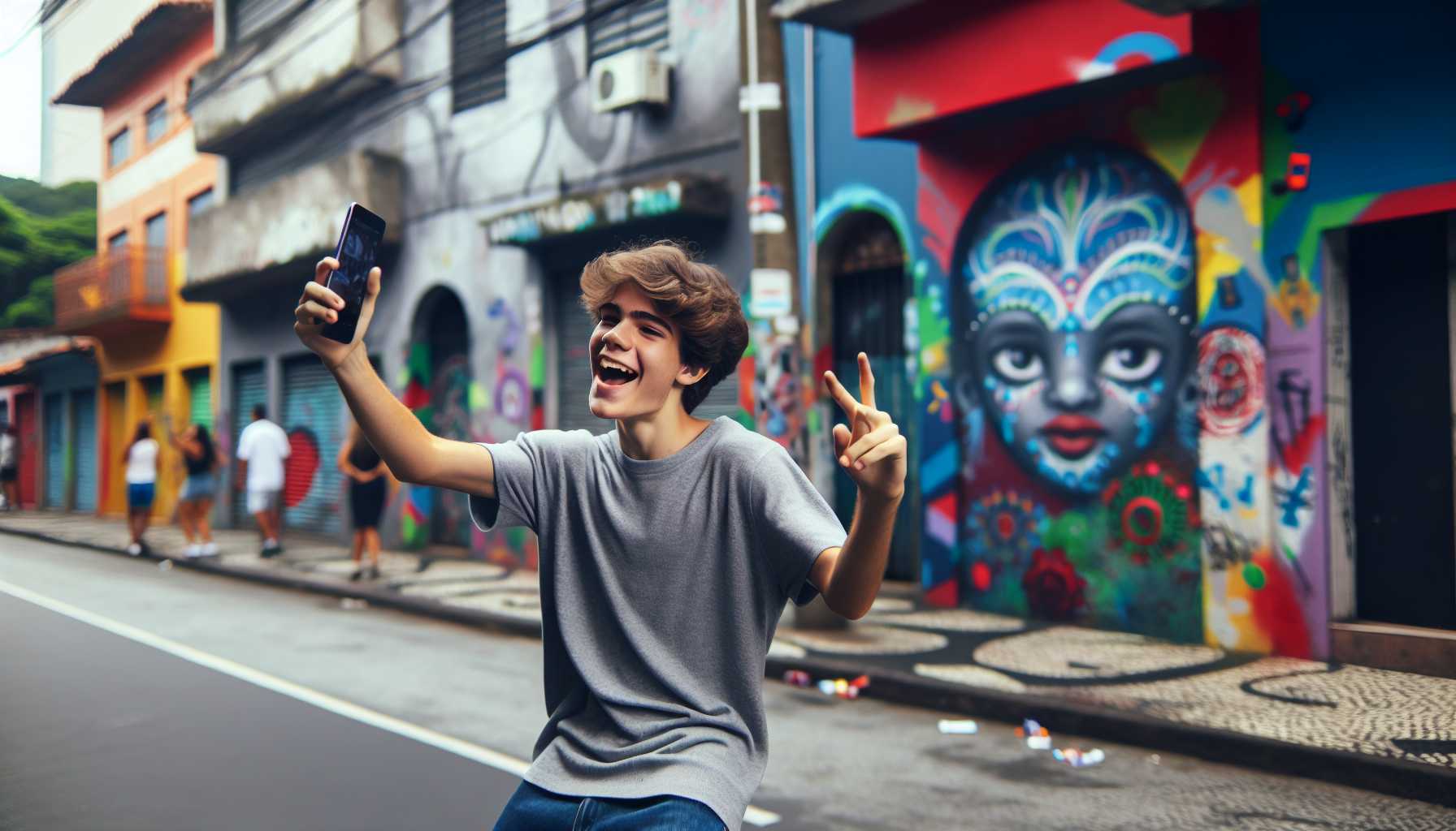 A teenager in Brazil creating a TikTok video, dancing and expressing themselves creatively.