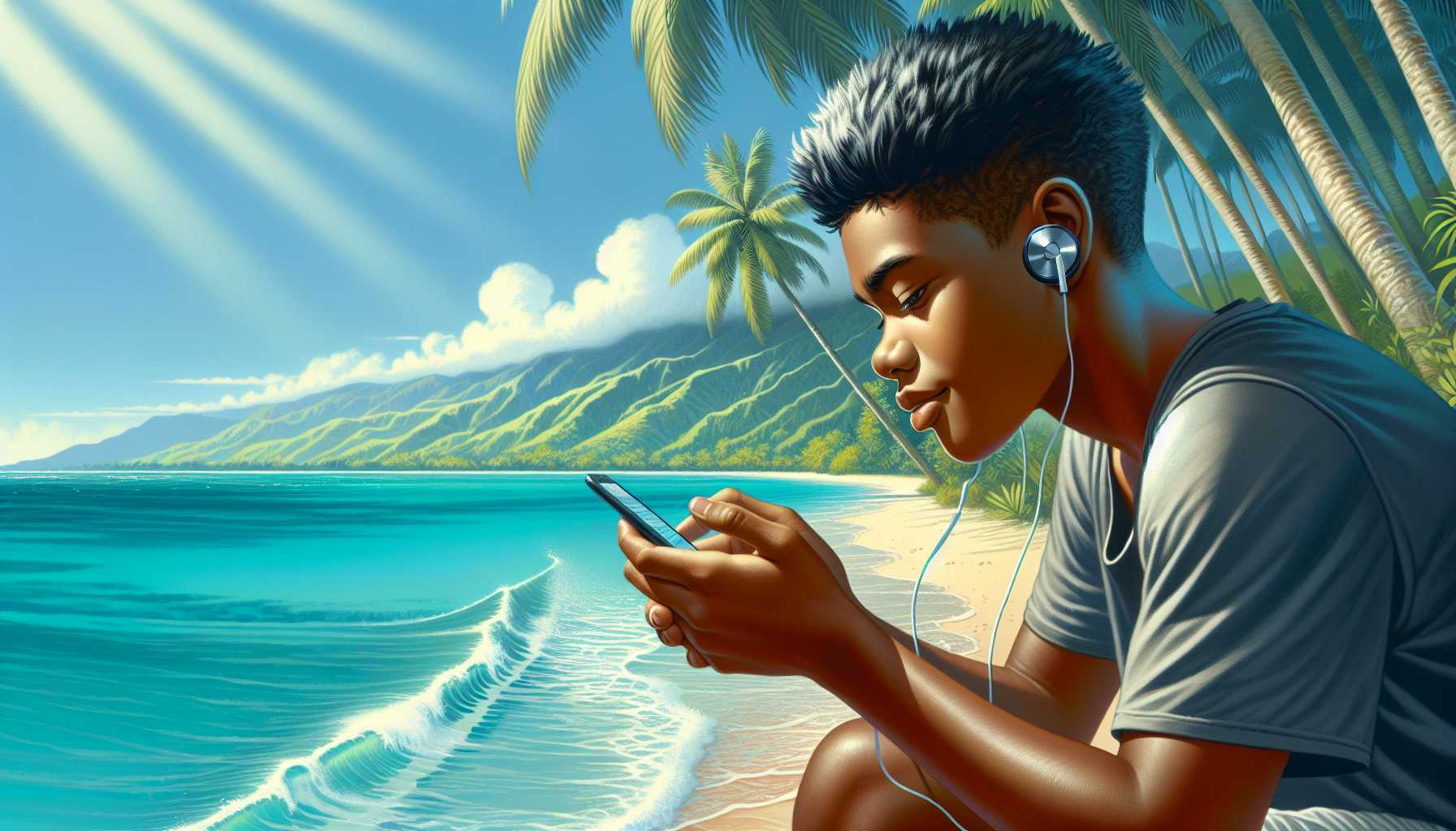 A teenager in Fiji listening to music on their phone