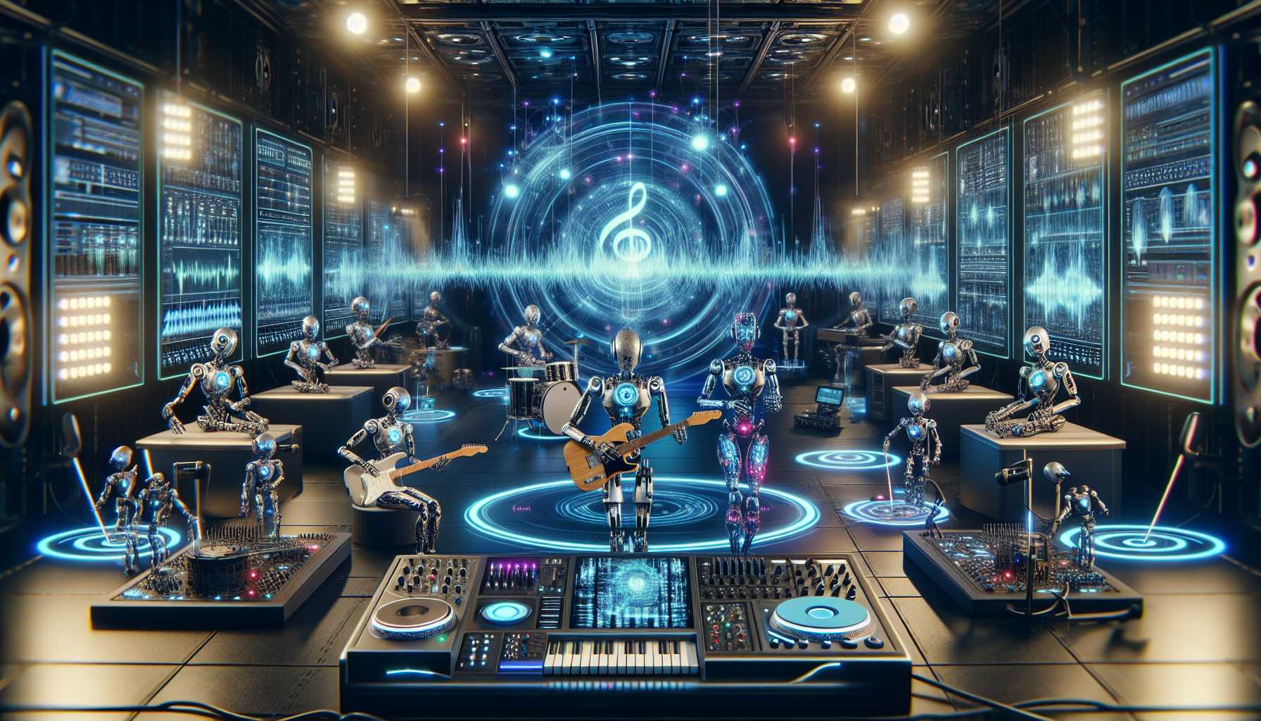 A futuristic music studio with AI robots creating music.