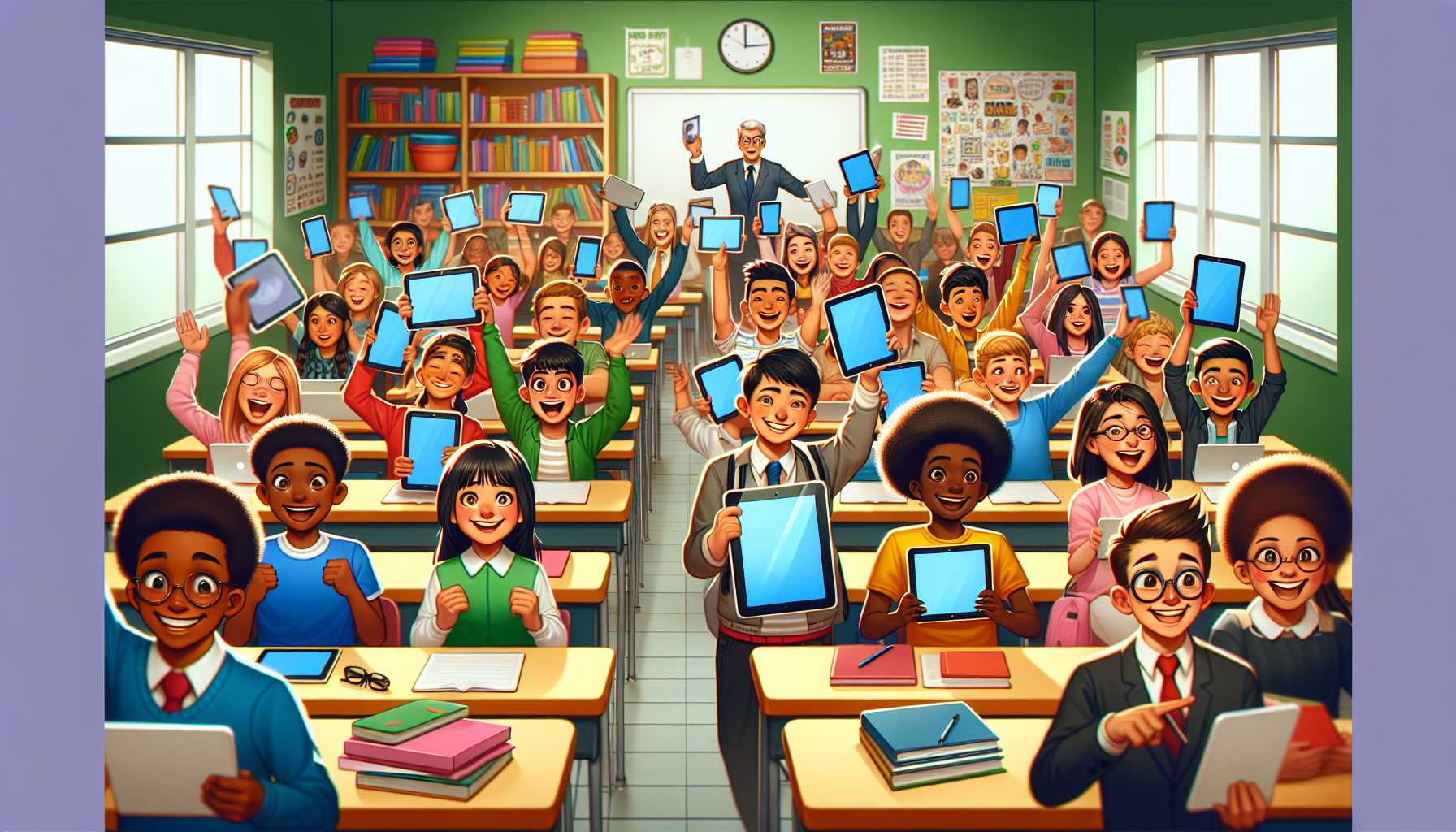 A chaotic classroom filled with students holding their wiped devices.