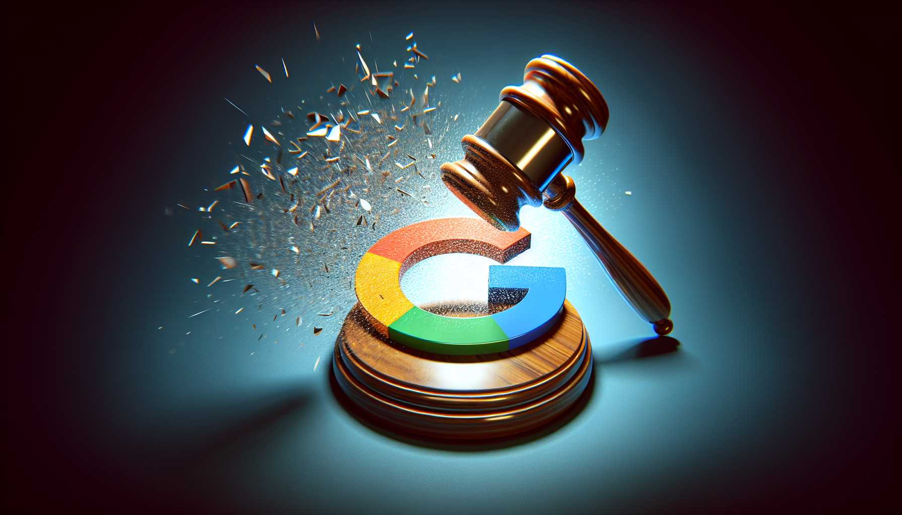 A gavel striking down on the Google logo with shattered digital fragments.