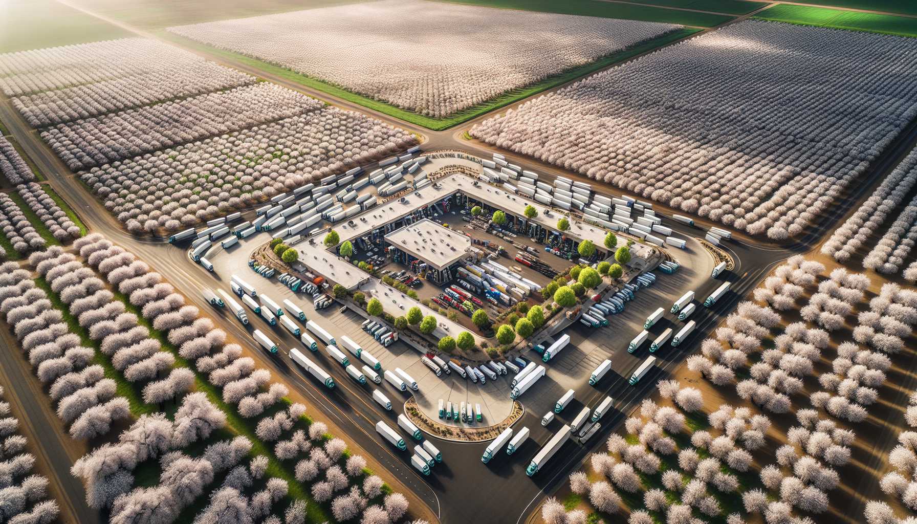 Aerial view of Amazon Orland Delivery Station amidst almond orchards.