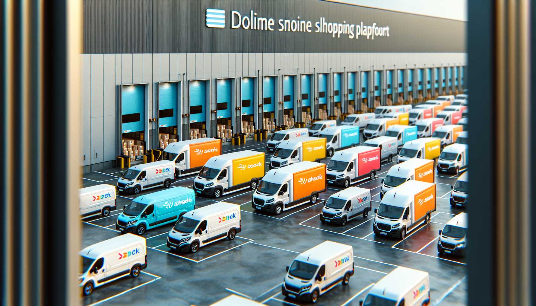 Amazon Prime-branded delivery vans lined up outside a warehouse.