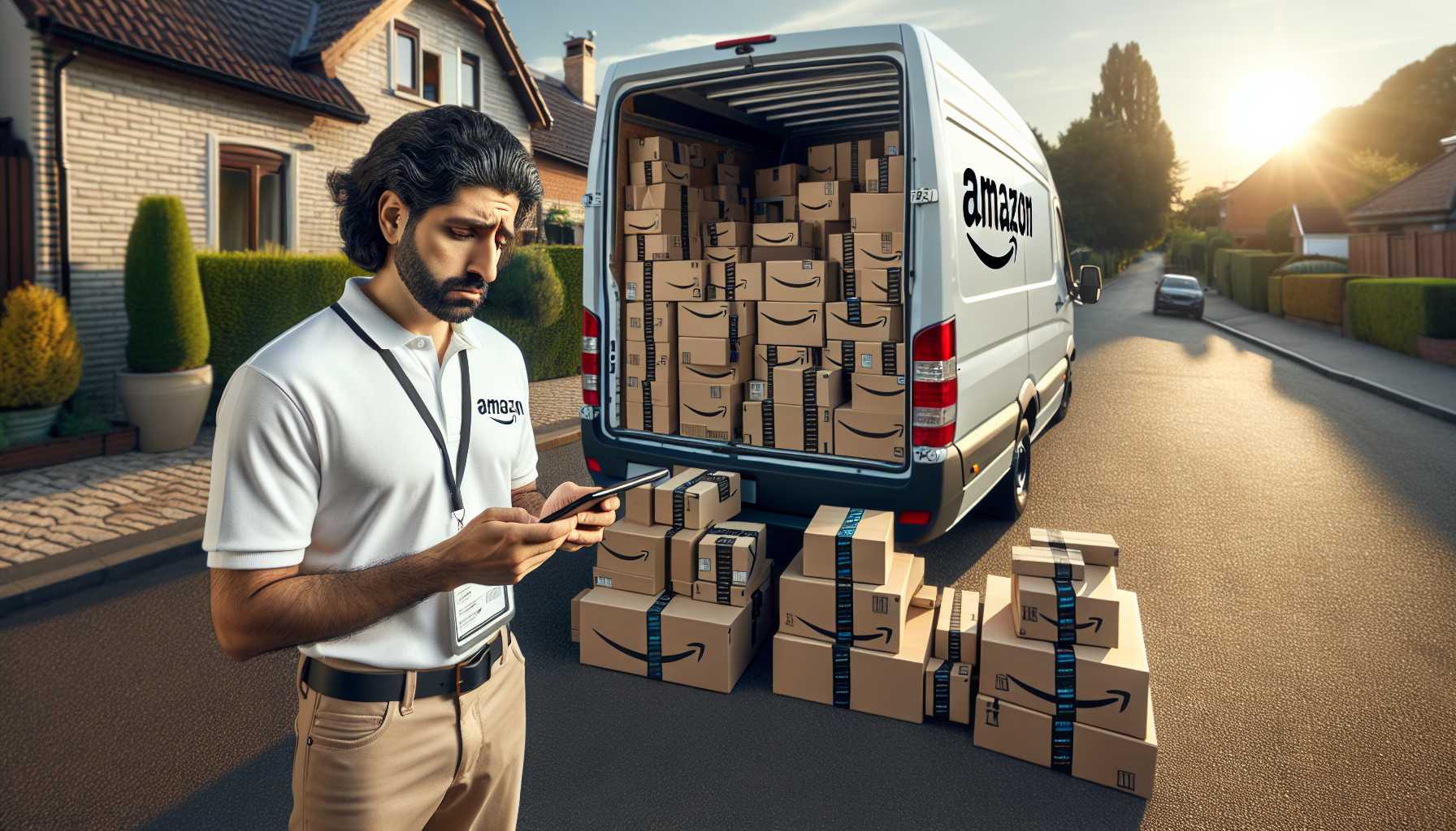 Amazon delivery driver overwhelmed with a van full of packages.