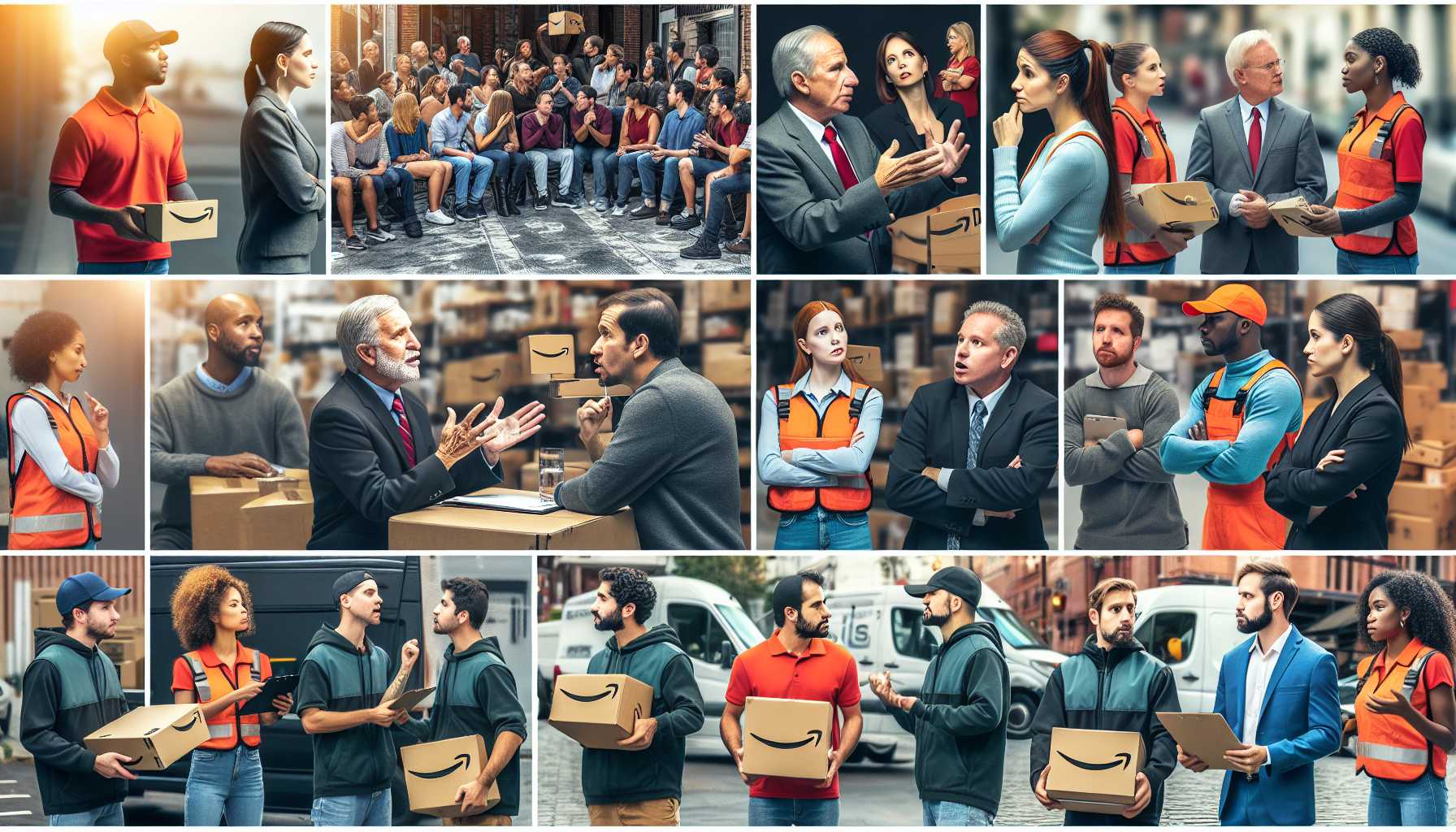 Collage of Amazon DSP drivers and senators debating policy.