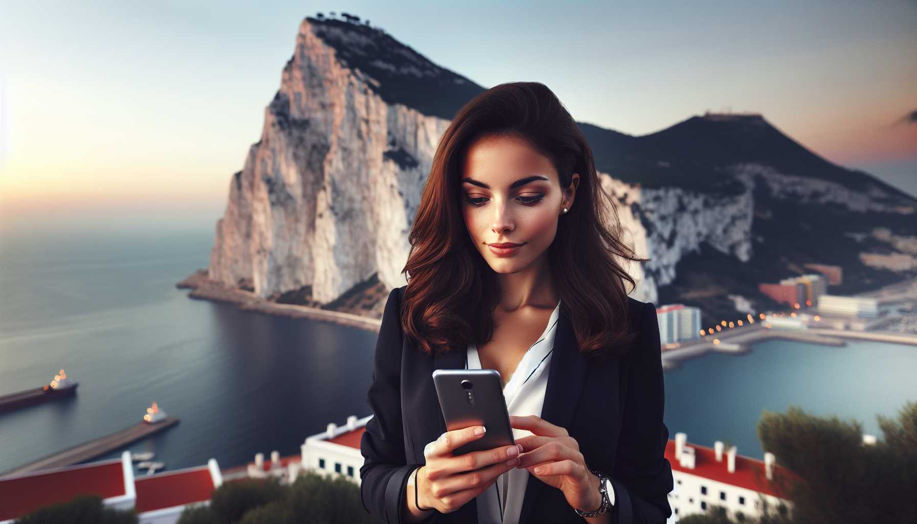A person in Gibraltar using their smartphone for work, with the Rock of Gibraltar in the background.